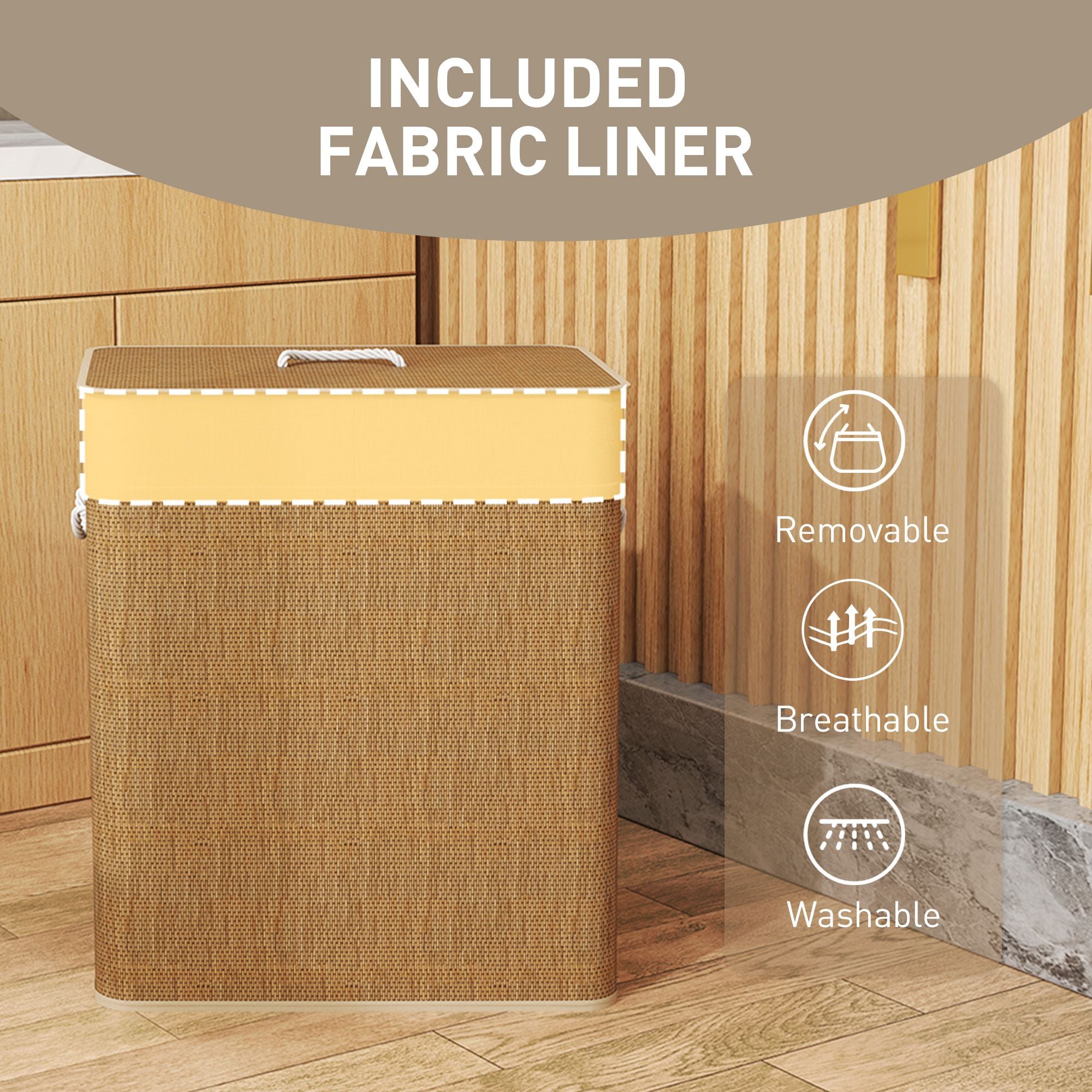HOMCOM Double Laundry Hamper with Lid and Removable Liners, Brown - product view 7