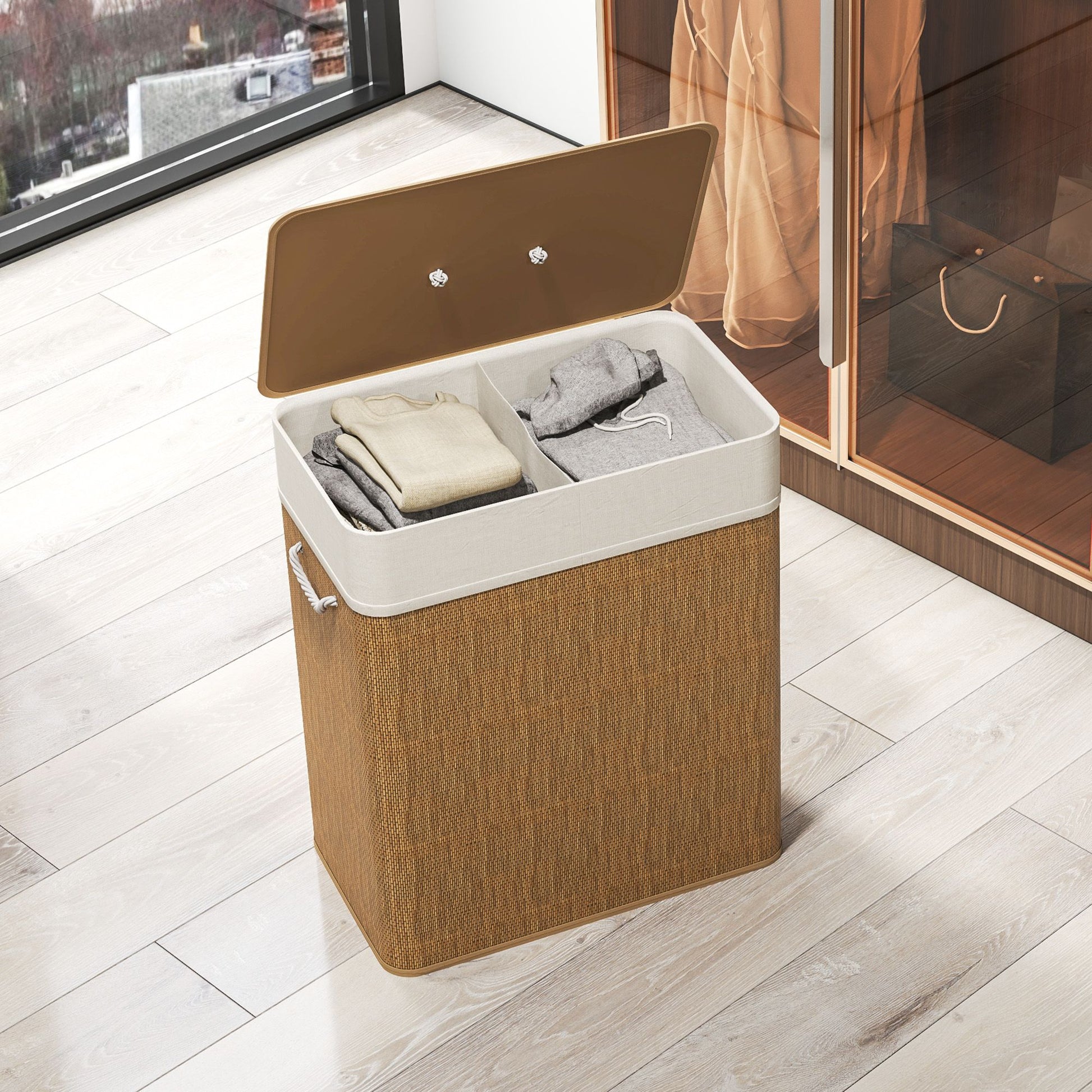 HOMCOM Double Laundry Hamper with Lid and Removable Liners, Brown - product view 9