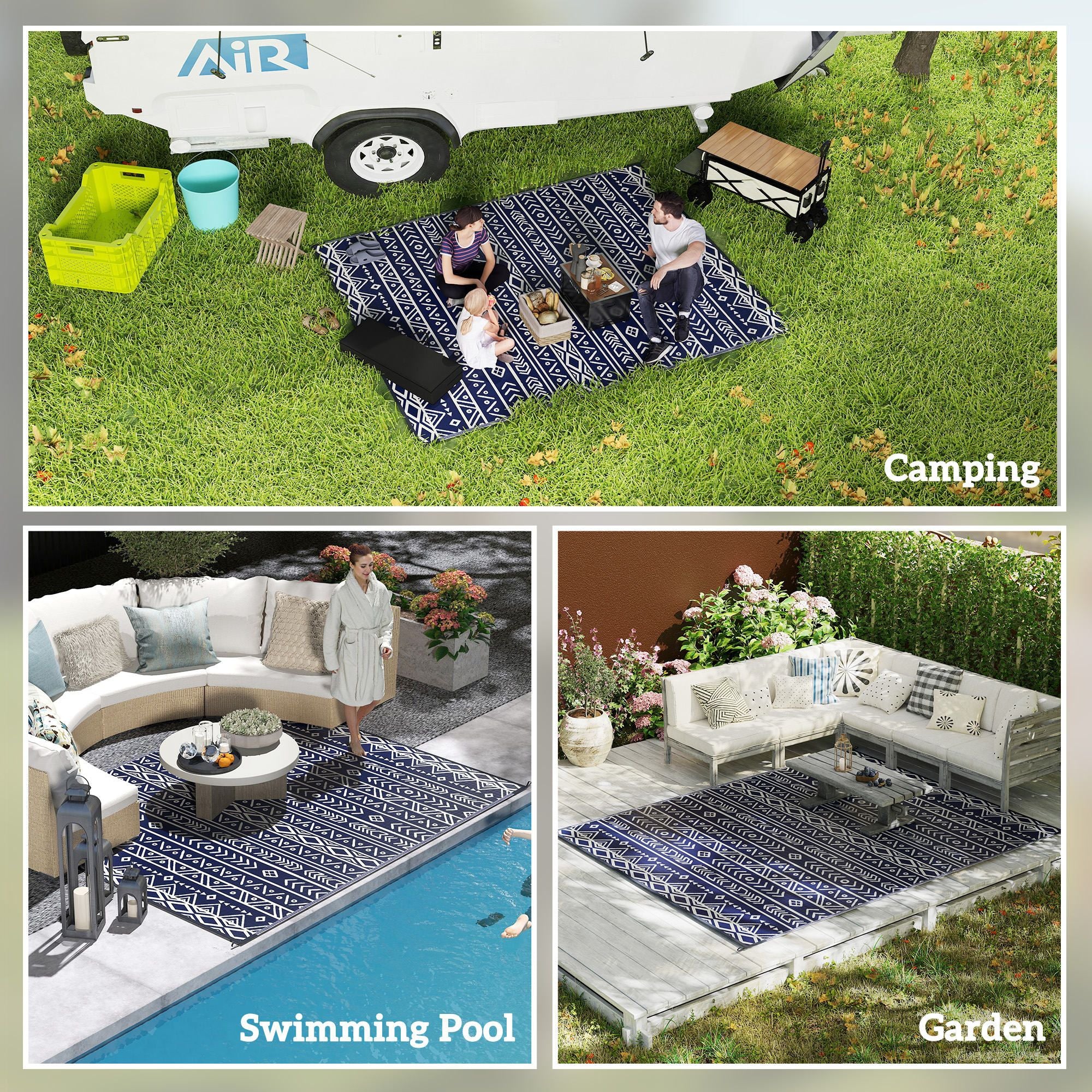 Outsunny 8 x 10 ft Reversible Waterproof Outdoor Rug, Blue & White