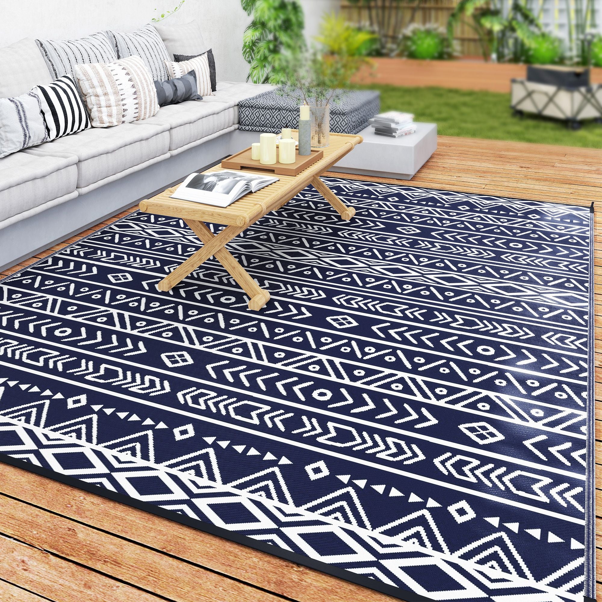 Outsunny 8 x 10 ft Reversible Waterproof Outdoor Rug, Blue & White