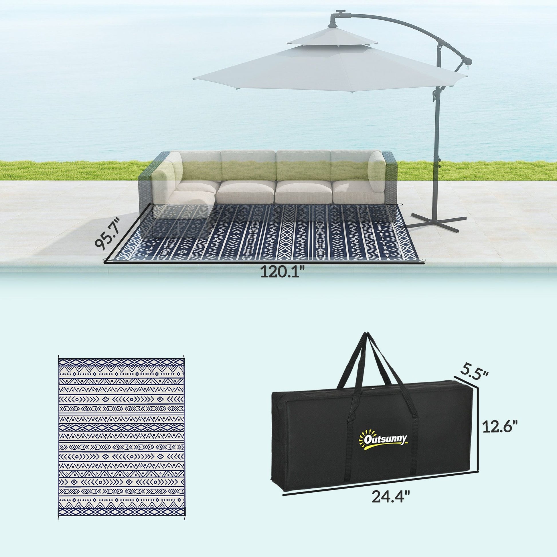 Outsunny 8 x 10 ft Reversible Waterproof Outdoor Rug, Blue & White