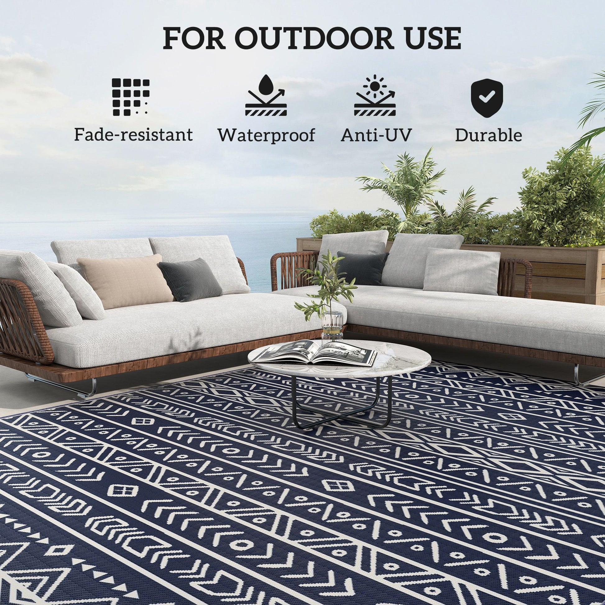 Outsunny 8 x 10 ft Reversible Waterproof Outdoor Rug, Blue & White