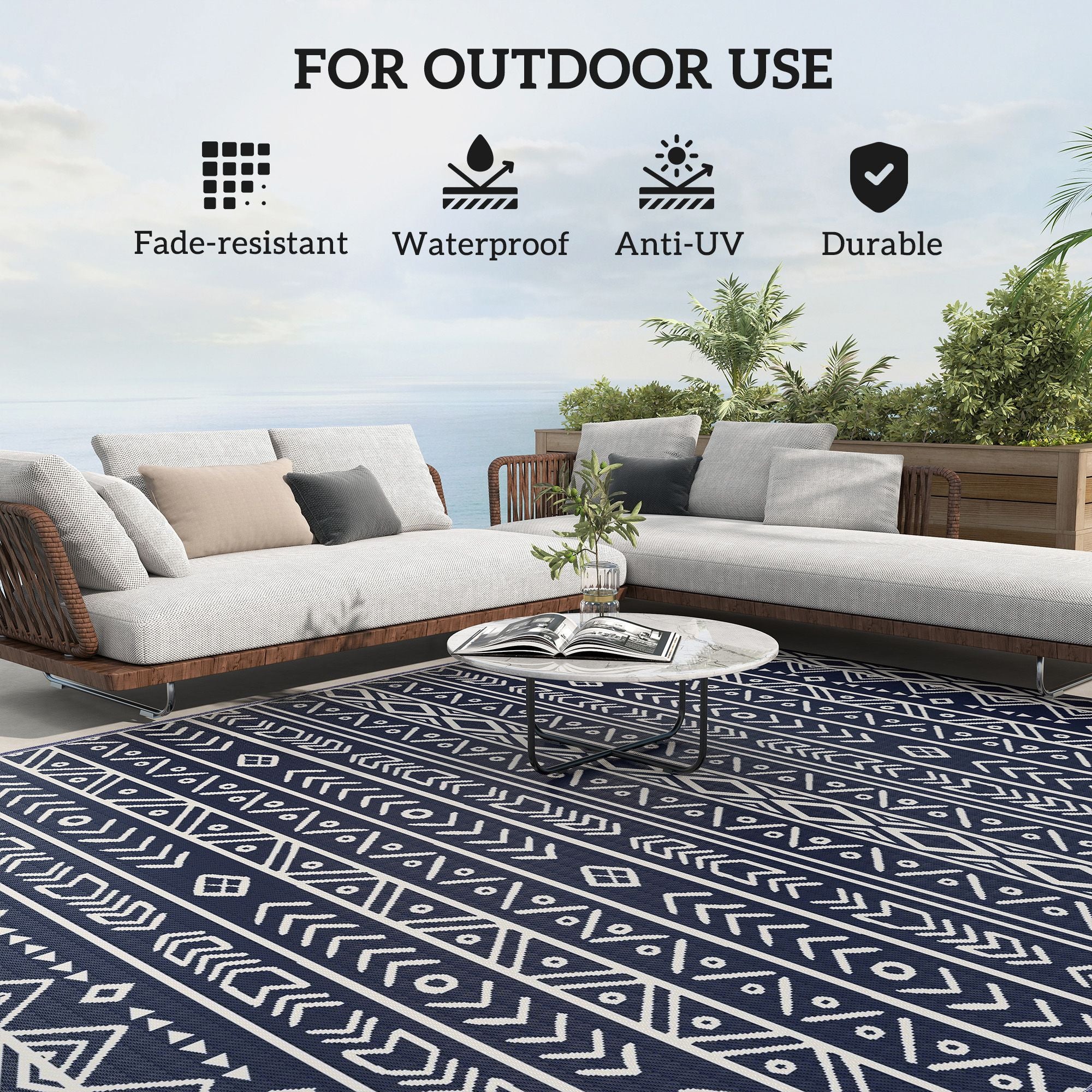 Outsunny 8 x 10 ft Reversible Waterproof Outdoor Rug, Blue & White