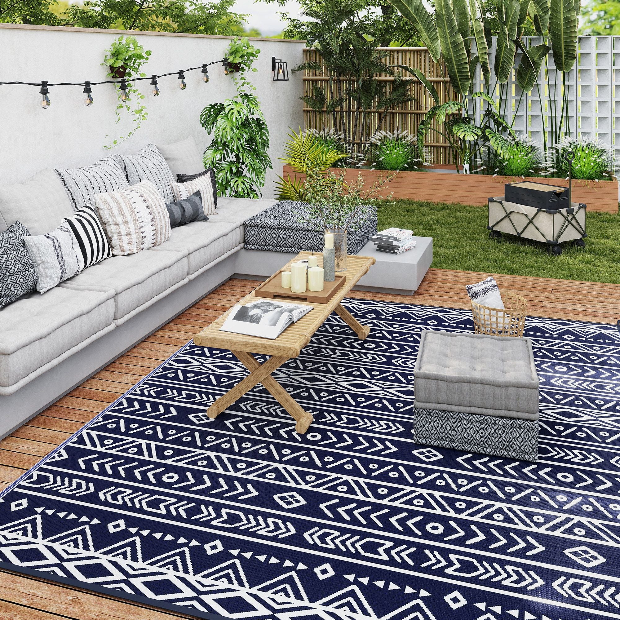 Outsunny 8 x 10 ft Reversible Waterproof Outdoor Rug, Blue & White