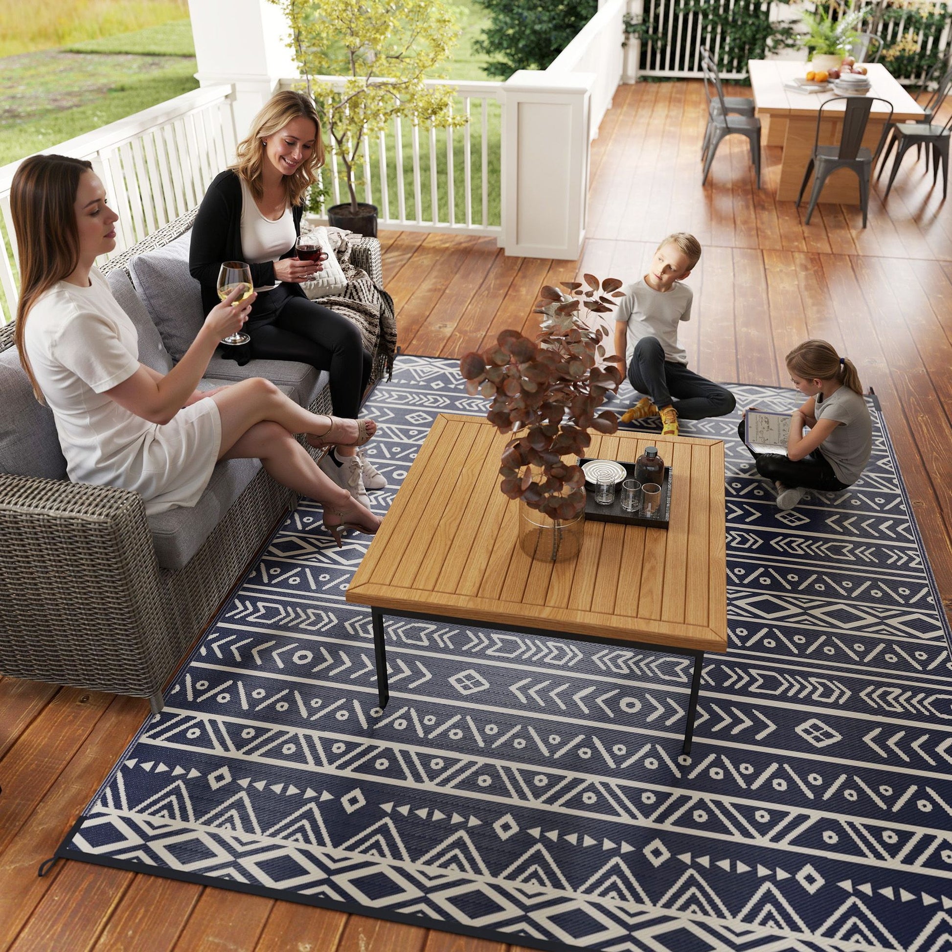 Outsunny 8 x 10 ft Reversible Waterproof Outdoor Rug, Blue & White