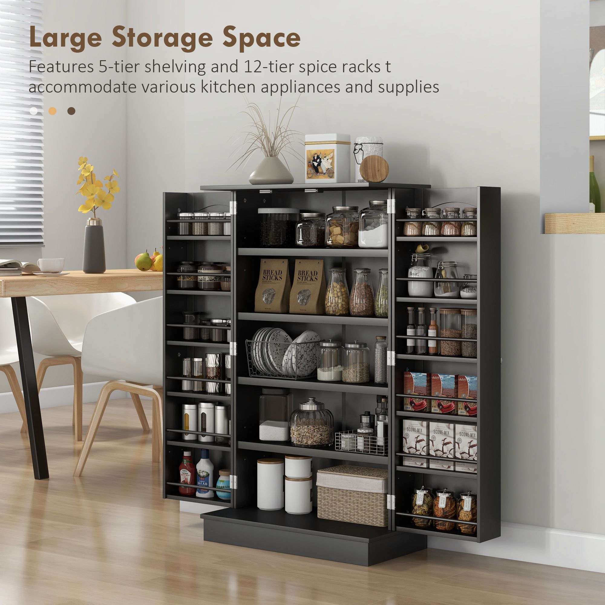 HOMCOM Freestanding Kitchen Pantry Cabinet with 12 Door Shelves, Black