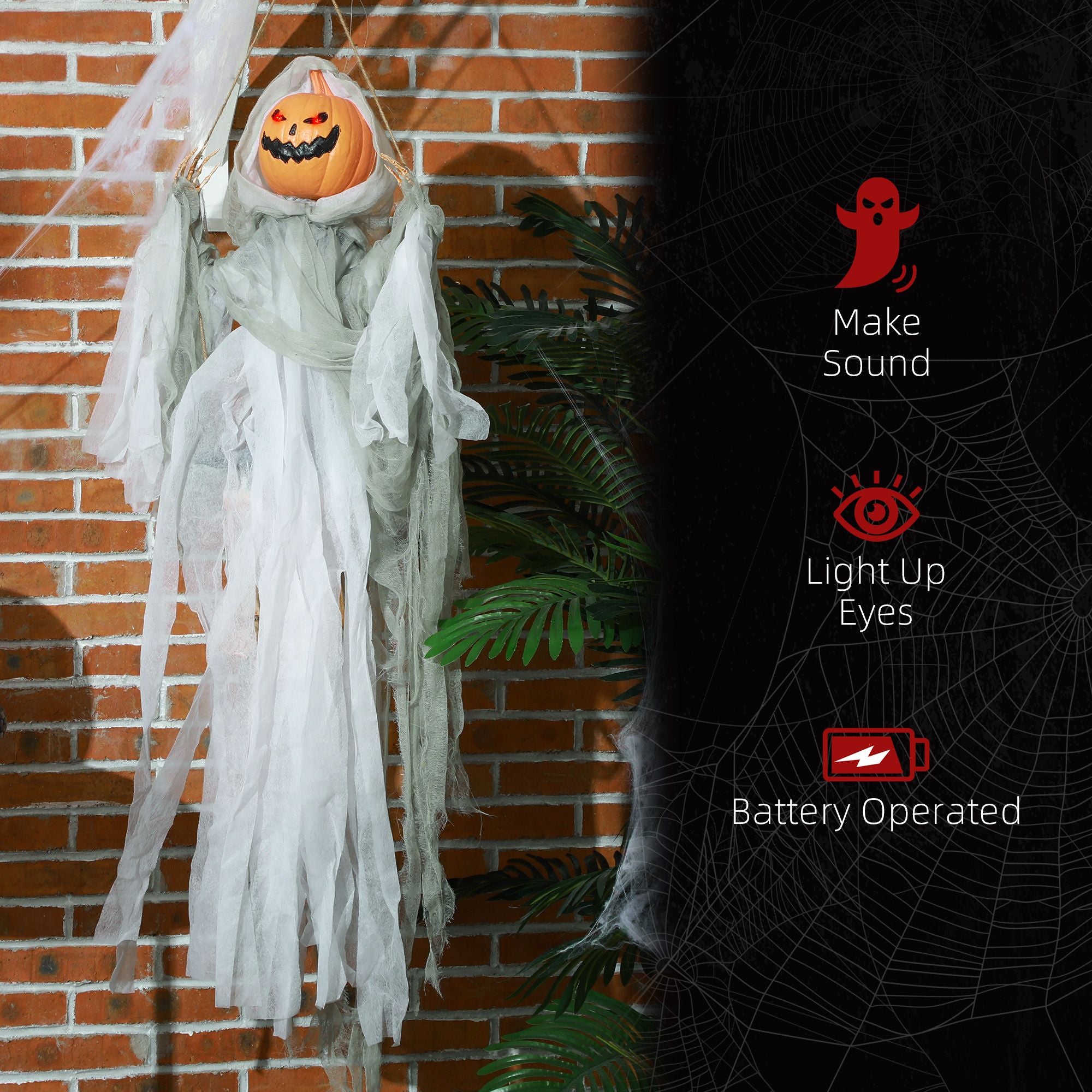 Outsunny 3.9 ft Hanging Pumpkin Ghost Halloween Decoration with Light and Sound