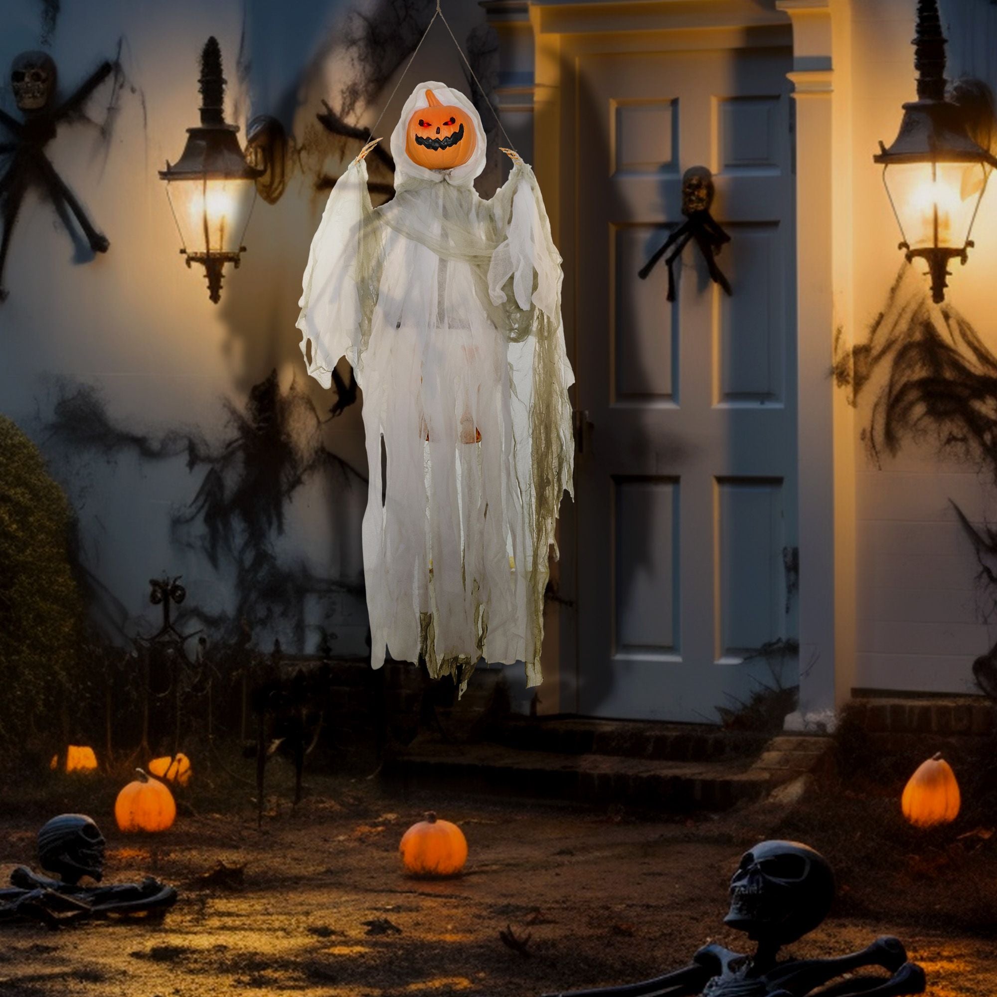 Outsunny 3.9 ft Hanging Pumpkin Ghost Halloween Decoration with Light and Sound
