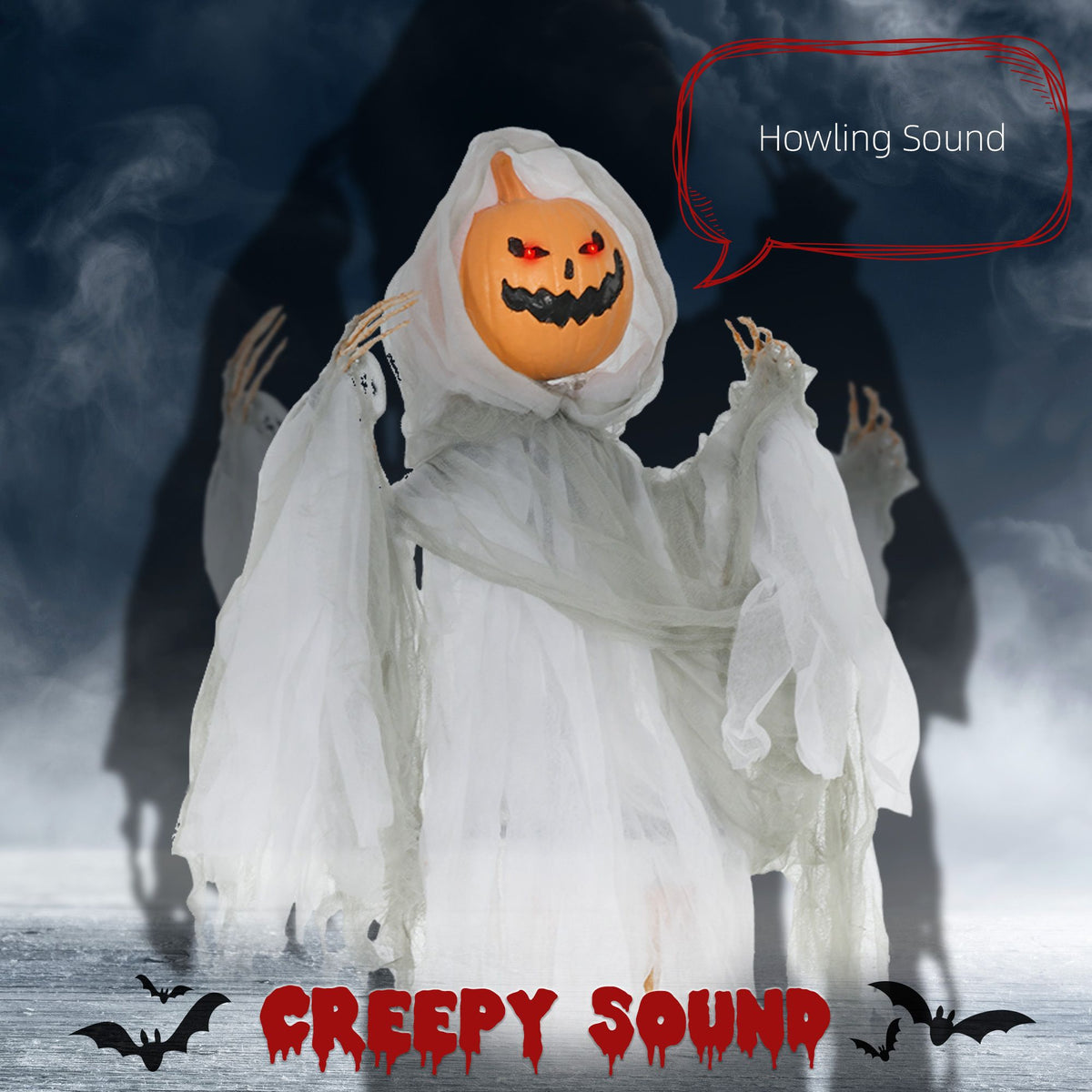 3.9' Outdoor Halloween Hanging Pumpkin Ghost w/ Light Up Eyes, Sound Activated Prop w/ Creepy Howling Sounds - product view 4