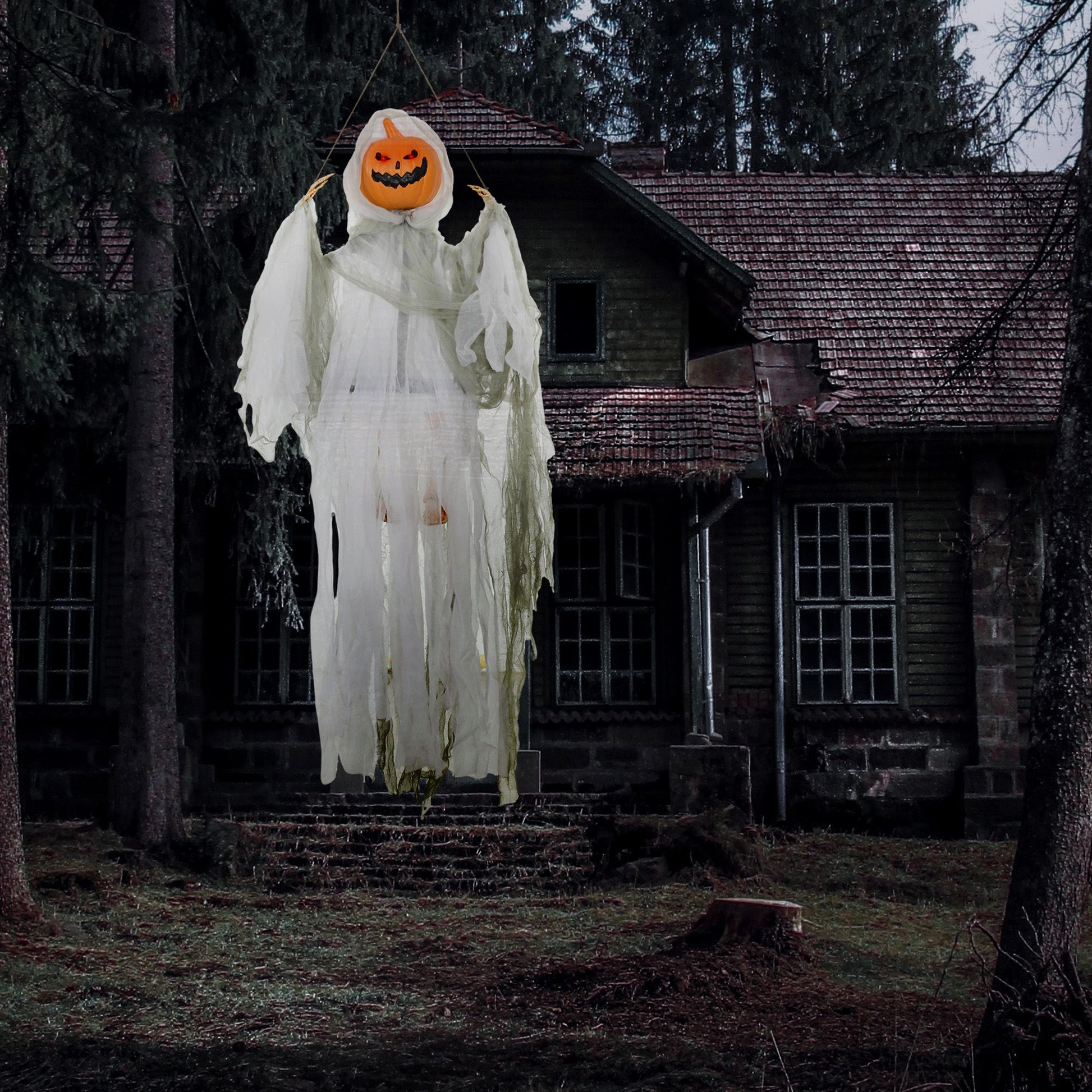 Outsunny 3.9 ft Hanging Pumpkin Ghost Halloween Decoration with Light and Sound