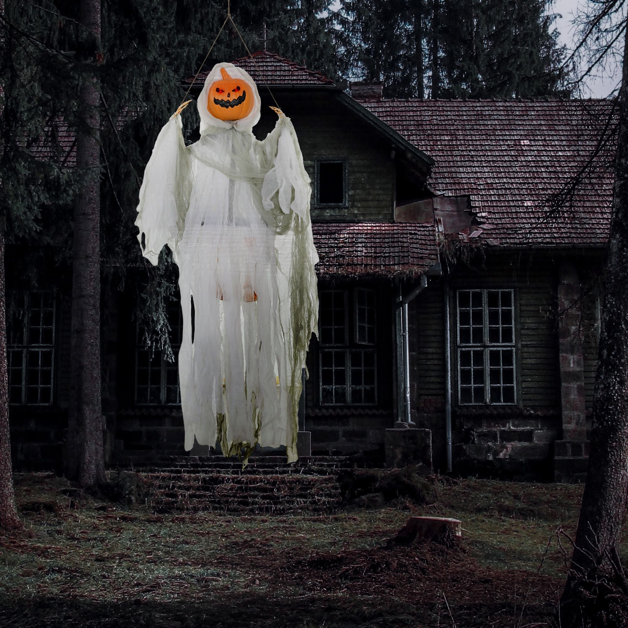 Outsunny 3.9 ft Hanging Pumpkin Ghost Halloween Decoration with Light and Sound