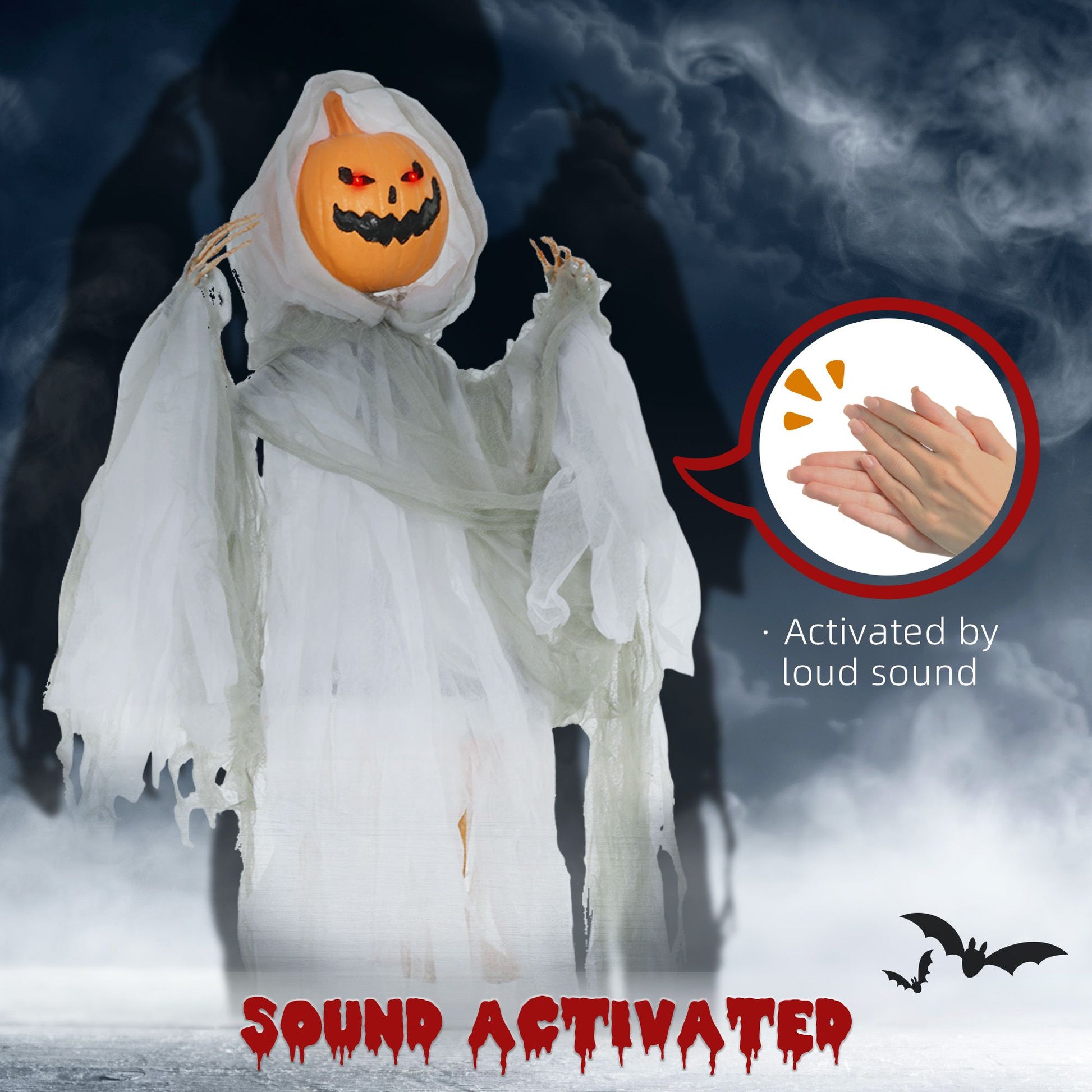 Outsunny 3.9 ft Hanging Pumpkin Ghost Halloween Decoration with Light and Sound