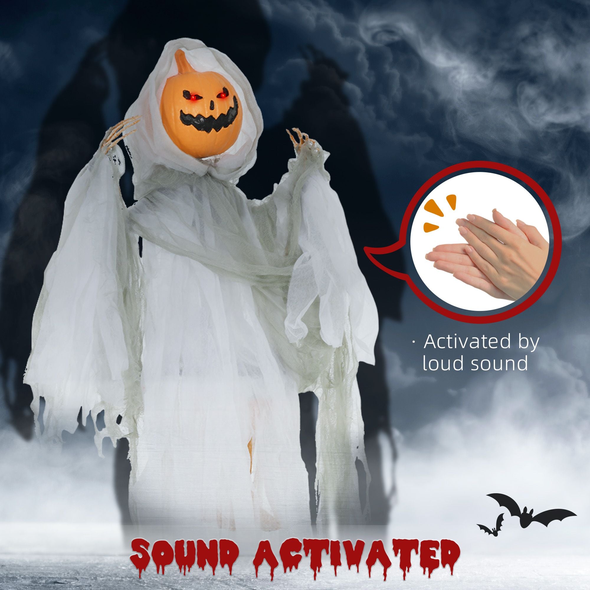 Outsunny 3.9 ft Hanging Pumpkin Ghost Halloween Decoration with Light and Sound