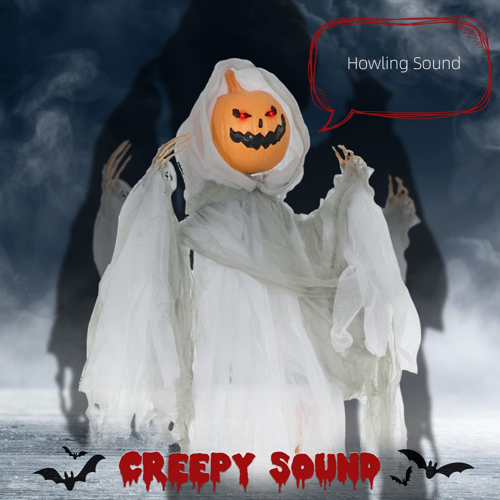 Outsunny 3.9 ft Hanging Pumpkin Ghost Halloween Decoration with Light and Sound