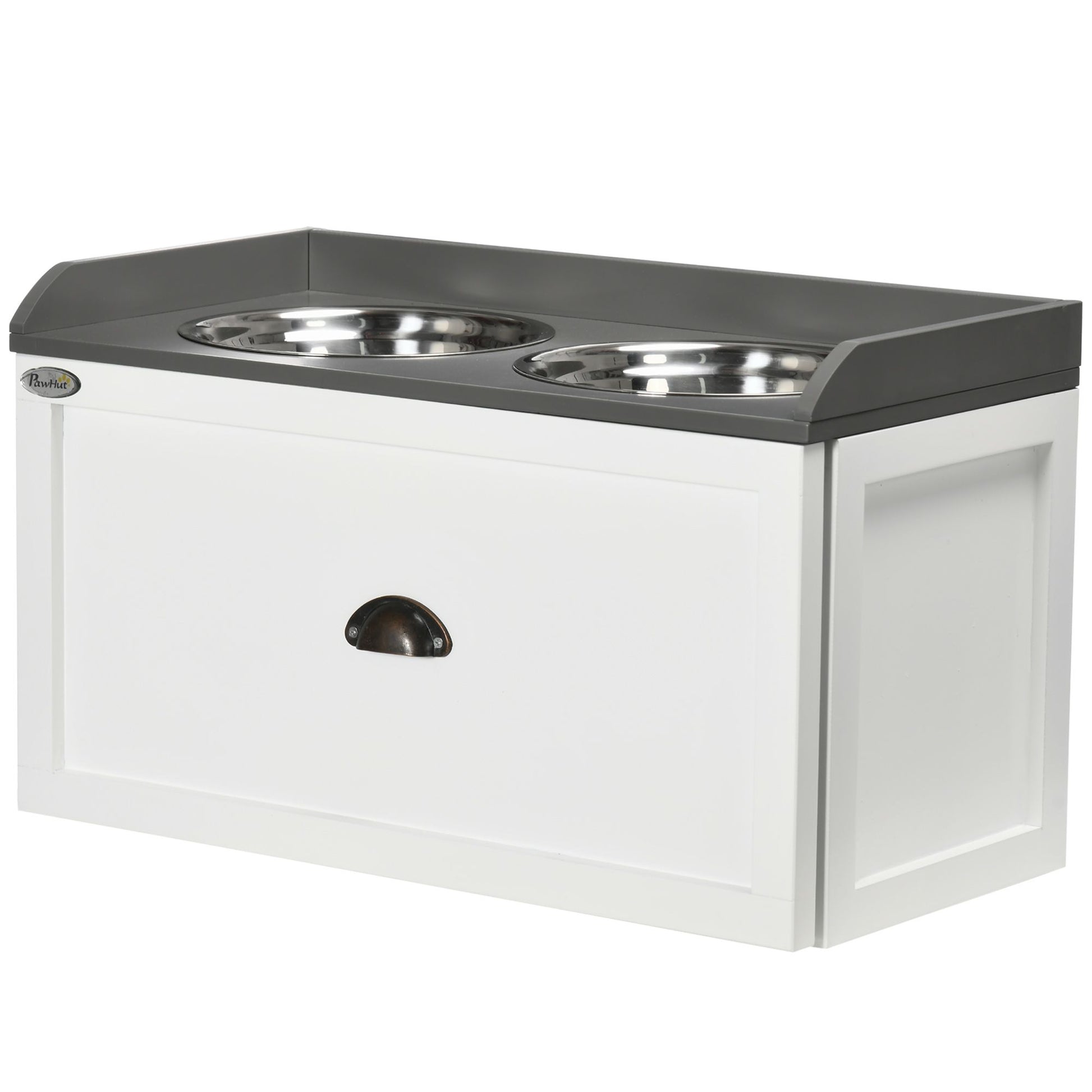 PawHut Raised Pet Feeder with Storage Drawer and 2 Stainless Steel Bowls, White - product view 11