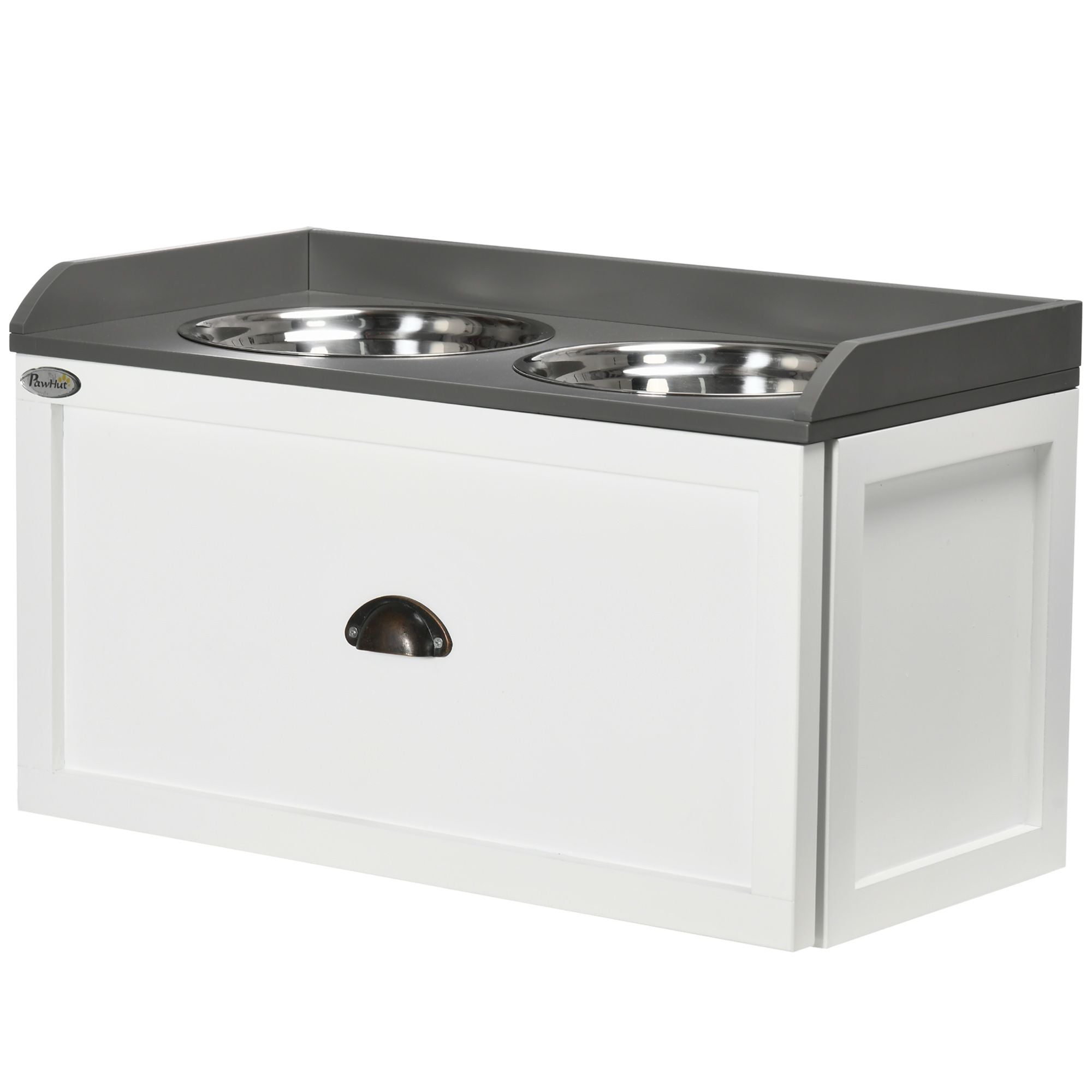 PawHut Raised Pet Feeder with Storage Drawer and 2 Stainless Steel Bowls, White - product view 11