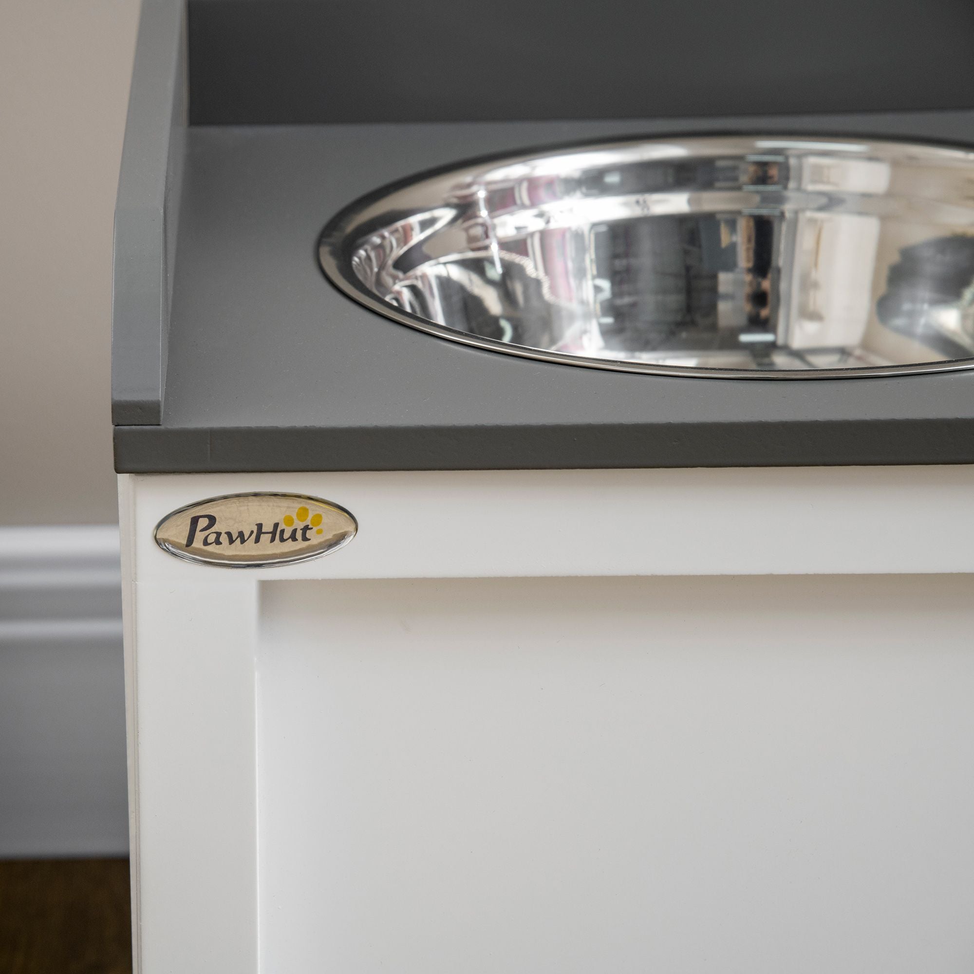 PawHut Raised Pet Feeder with Storage Drawer and 2 Stainless Steel Bowls, White - product view 9
