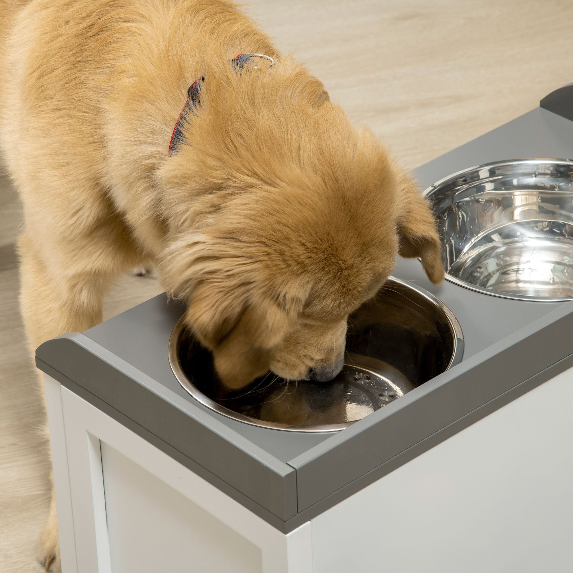 PawHut Raised Pet Feeder with Storage Drawer and 2 Stainless Steel Bowls, White - product view 7