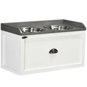 PawHut Raised Pet Feeder with Storage Drawer and 2 Stainless Steel Bowls, White