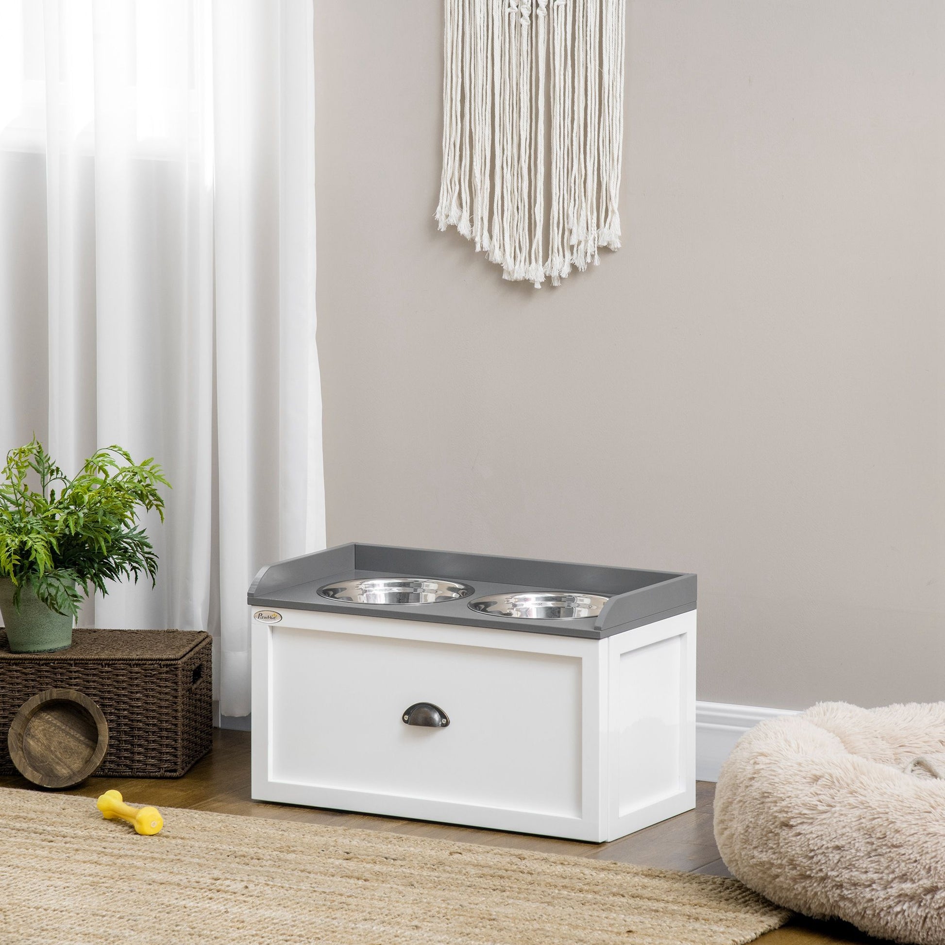 PawHut Raised Pet Feeder with Storage Drawer and 2 Stainless Steel Bowls, White - product view 10