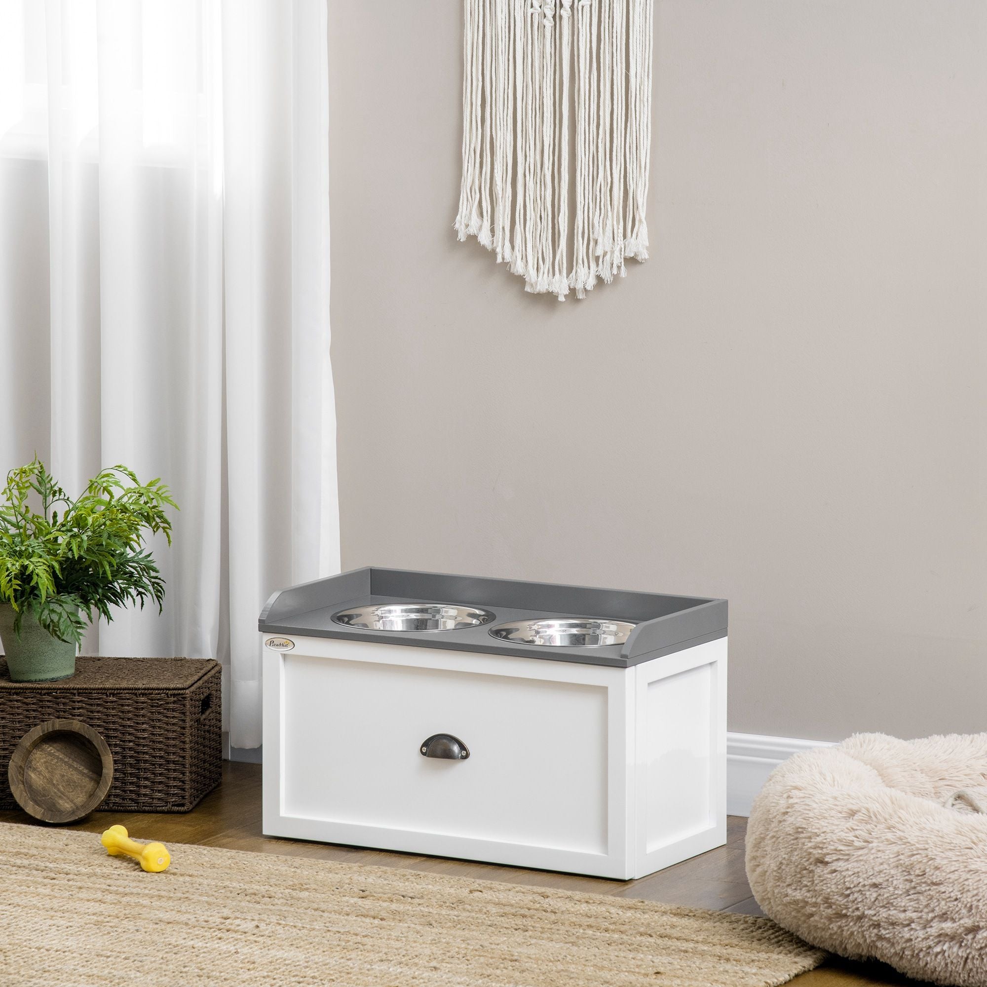 PawHut Raised Pet Feeder with Storage Drawer and 2 Stainless Steel Bowls, White - product view 10