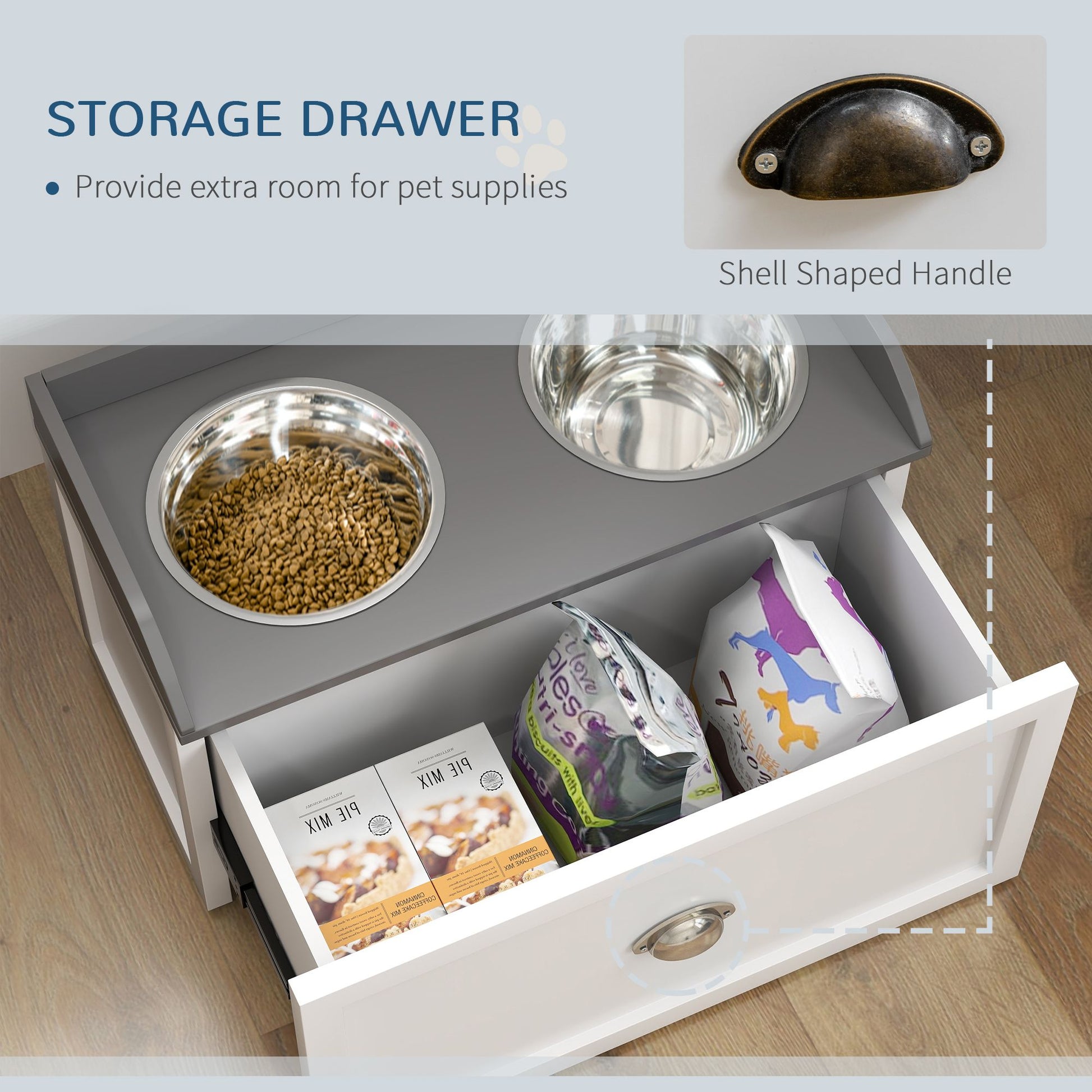 PawHut Raised Pet Feeder with Storage Drawer and 2 Stainless Steel Bowls, White - product view 5