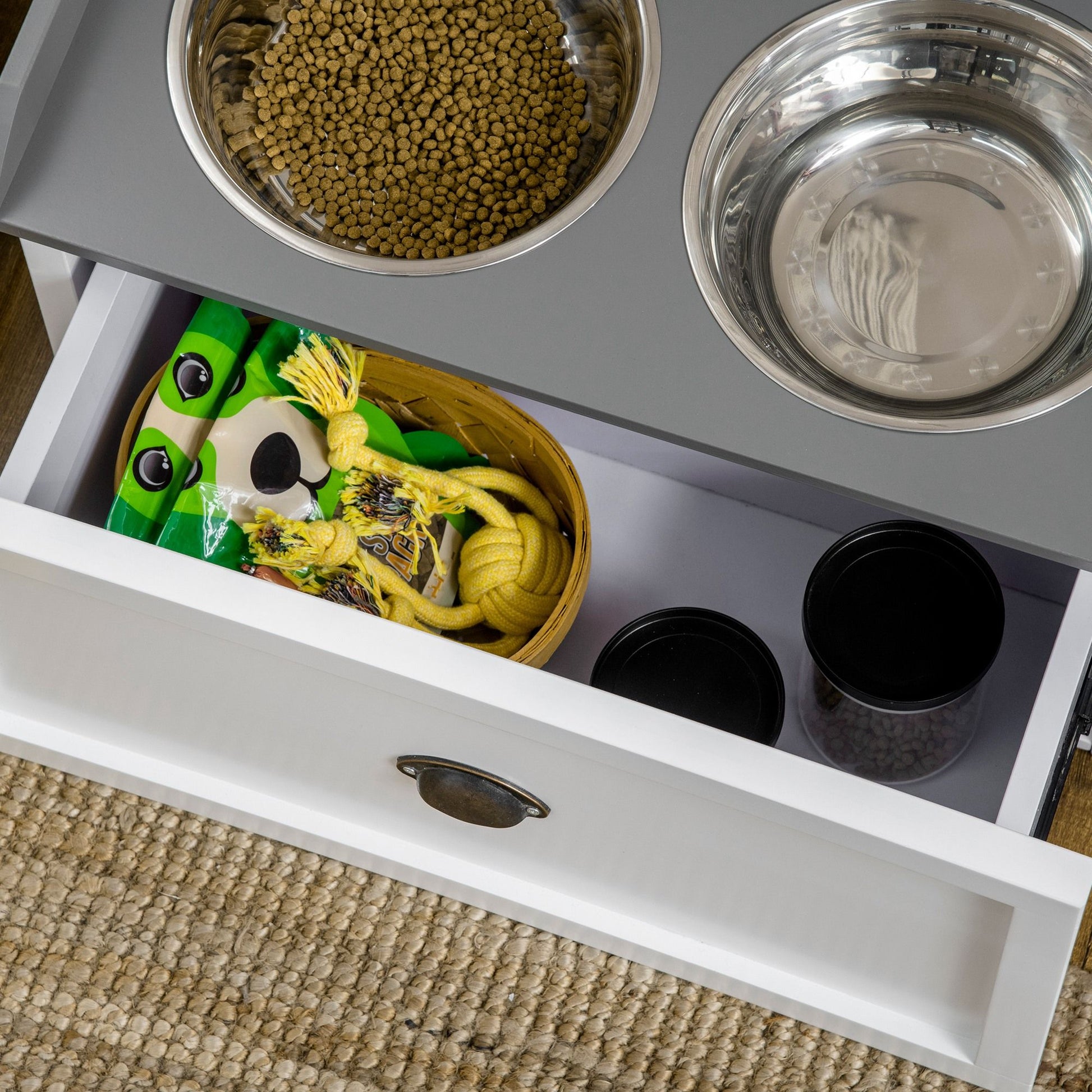 PawHut Raised Pet Feeder with Storage Drawer and 2 Stainless Steel Bowls, White - product view 8