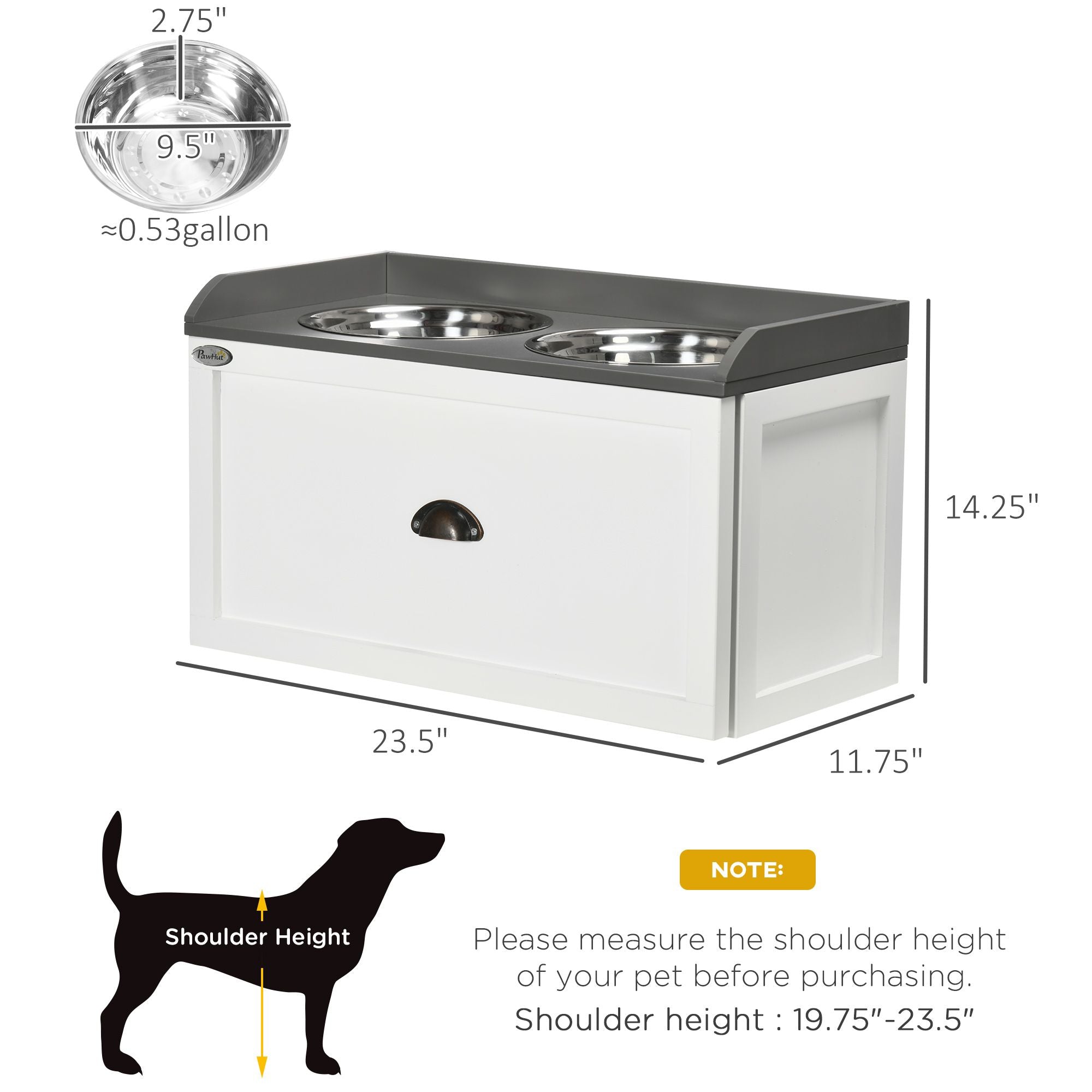 PawHut Raised Pet Feeder with Storage Drawer and 2 Stainless Steel Bowls, White - product view 3