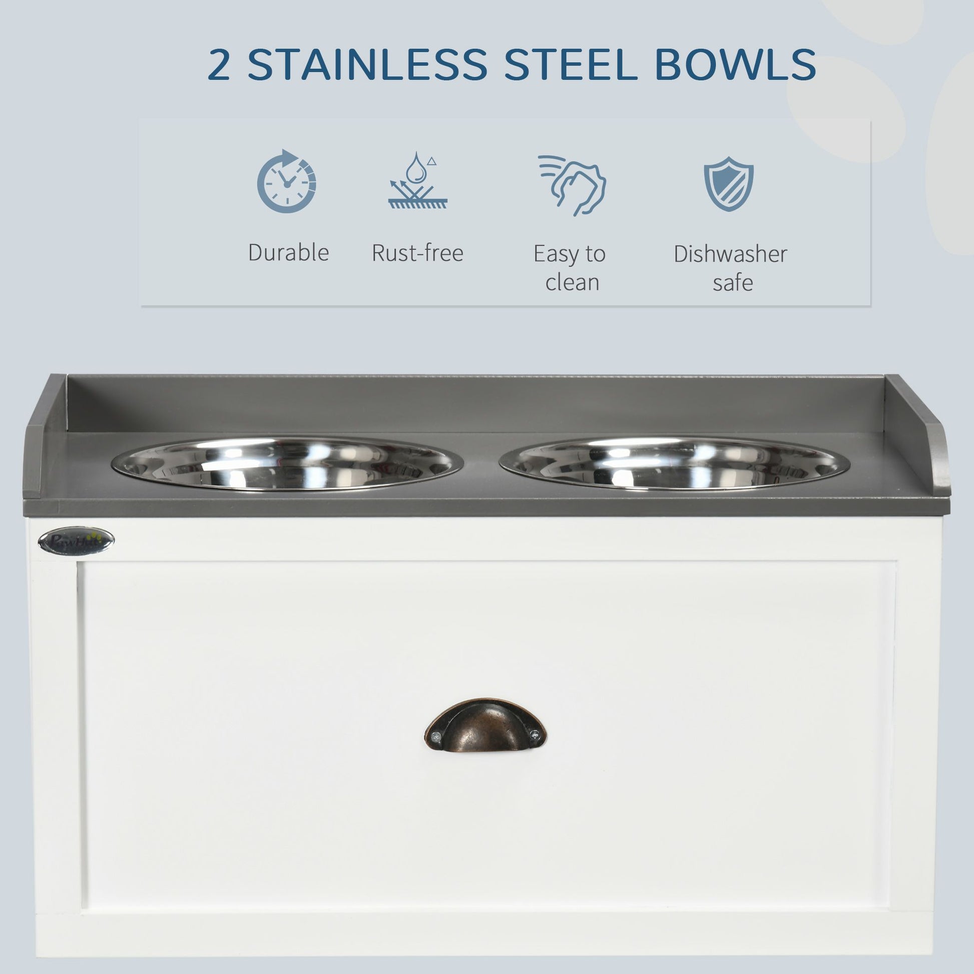 PawHut Raised Pet Feeder with Storage Drawer and 2 Stainless Steel Bowls, White - product view 6