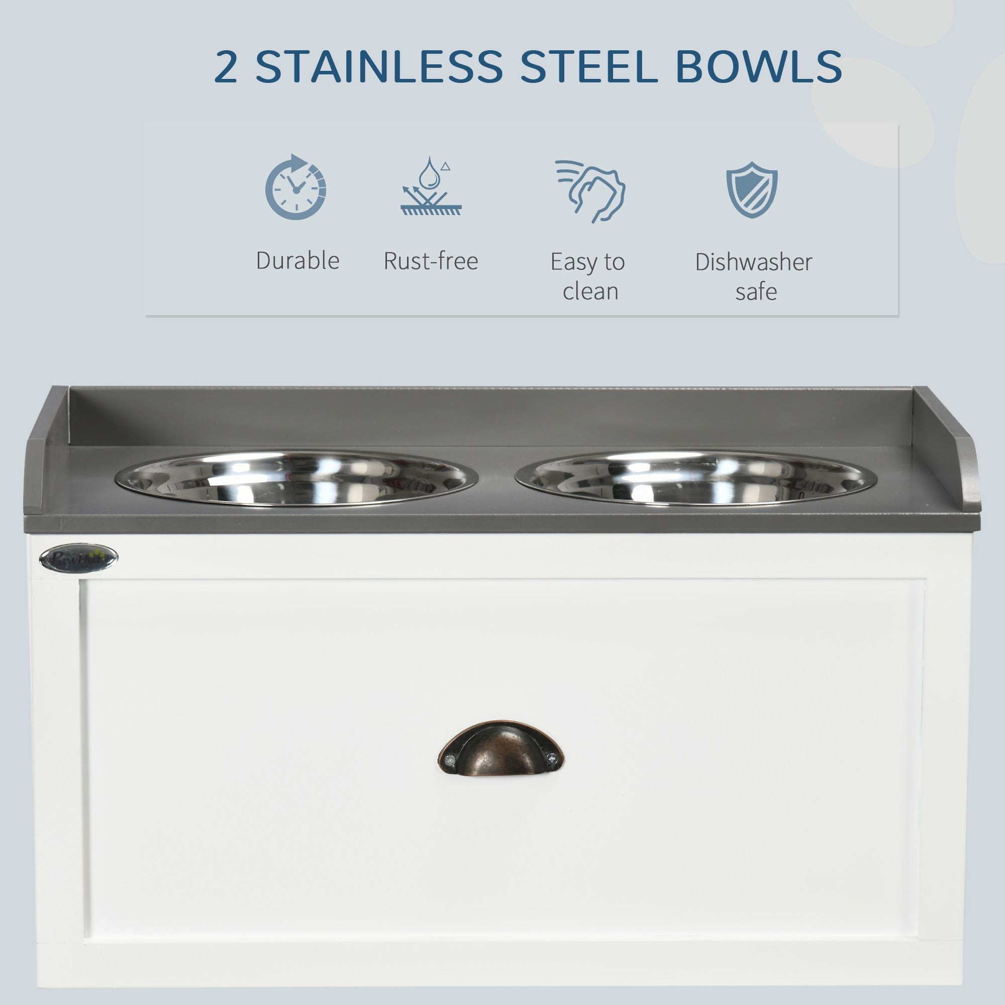 PawHut Raised Pet Feeder with Storage Drawer and 2 Stainless Steel Bowls, White - product view 6