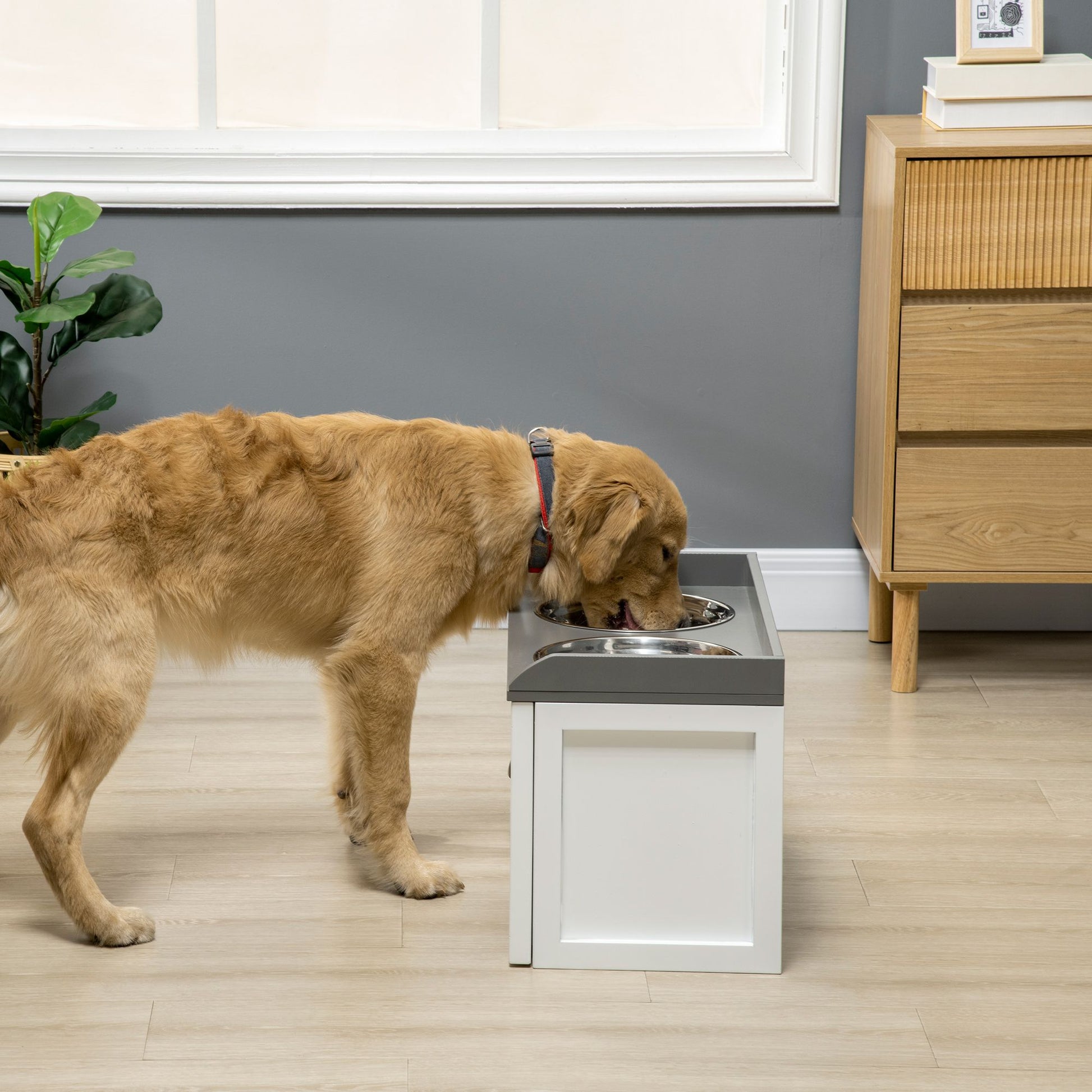 PawHut Raised Pet Feeder with Storage Drawer and 2 Stainless Steel Bowls, White - product view 2