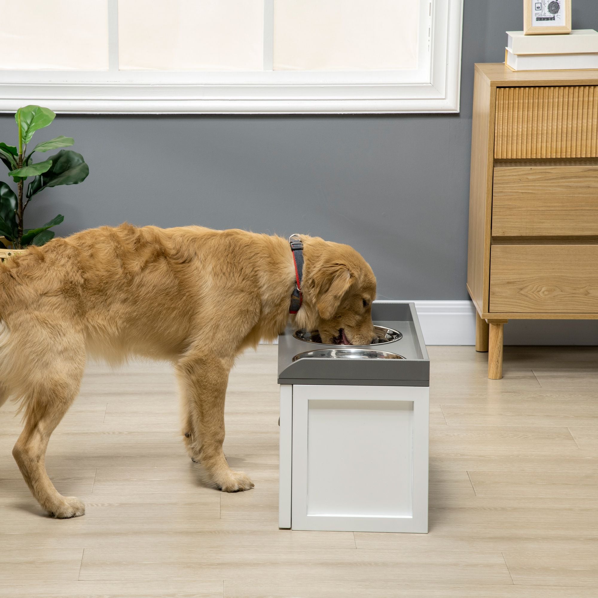 PawHut Raised Pet Feeder with Storage Drawer and 2 Stainless Steel Bowls, White - product view 2