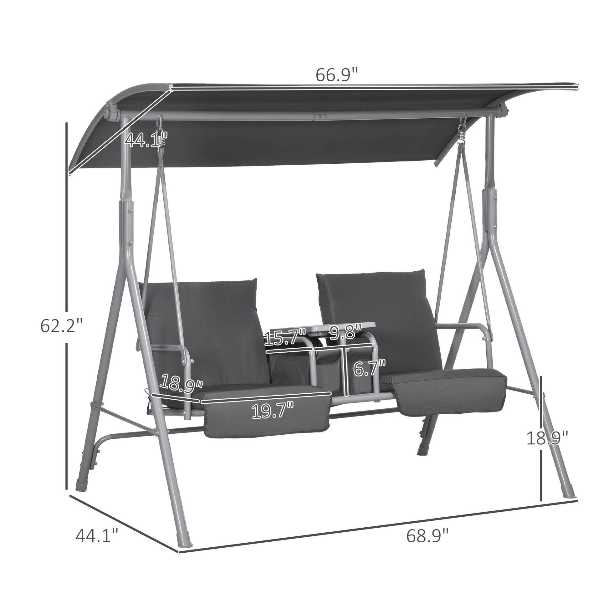 Outsunny 2-Seater Porch Swing with Canopy and Center Table, Gray