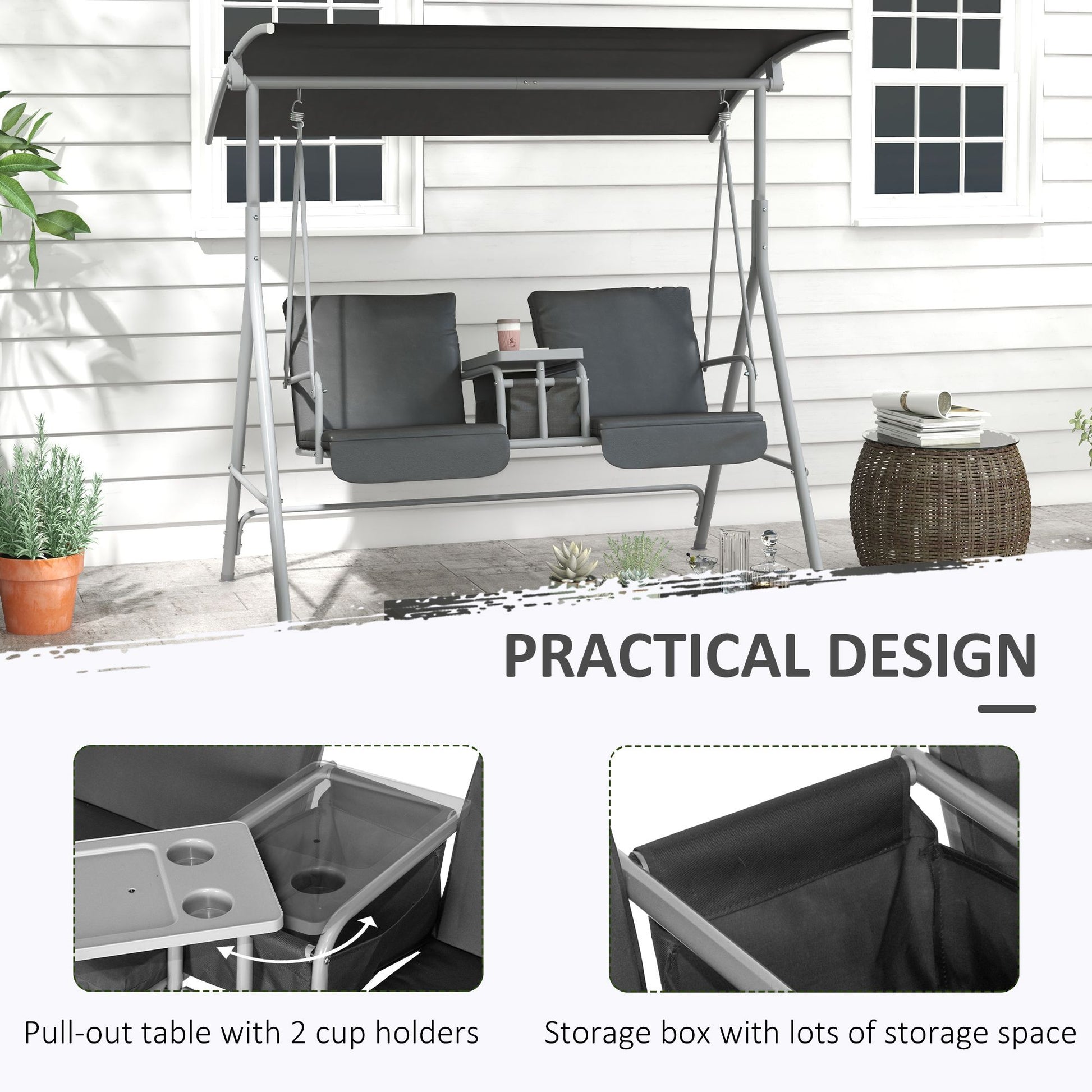 Outsunny 2-Seater Porch Swing with Canopy and Center Table, Gray