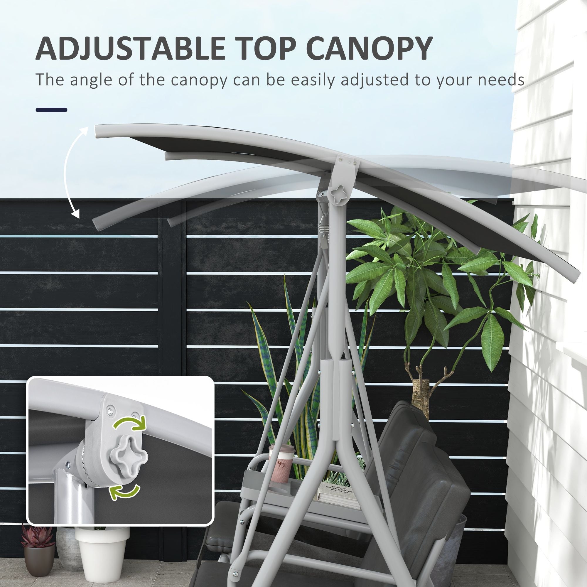 Outsunny 2-Seater Porch Swing with Canopy and Center Table, Gray