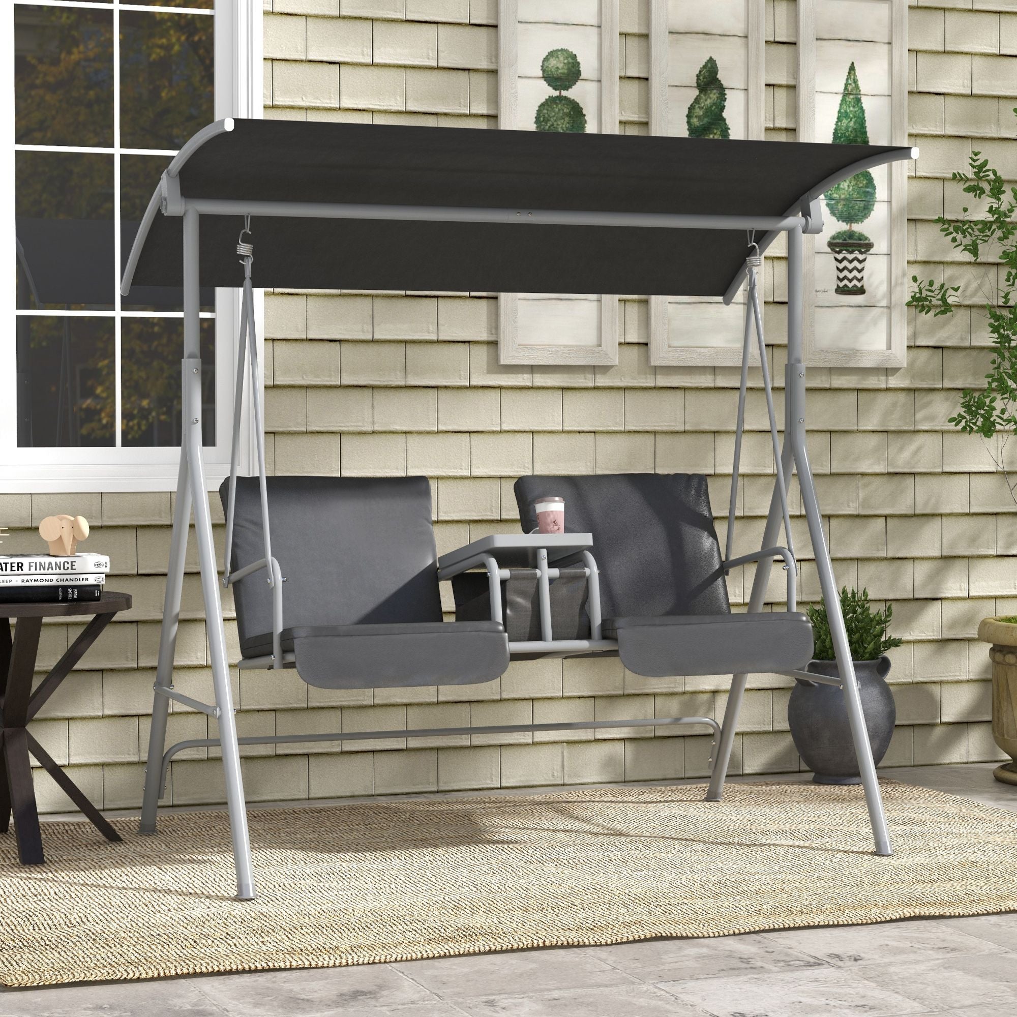 Outsunny 2-Seater Porch Swing with Canopy and Center Table, Gray