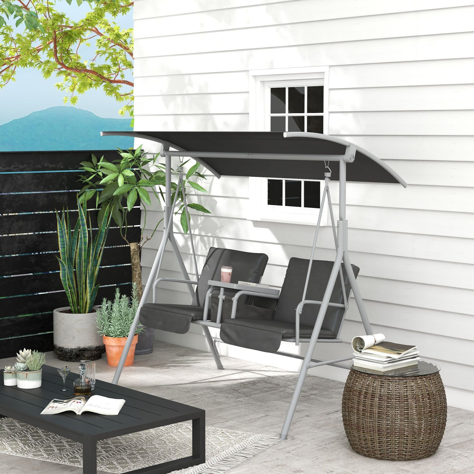 Outsunny 2-Seater Porch Swing with Canopy and Center Table, Gray