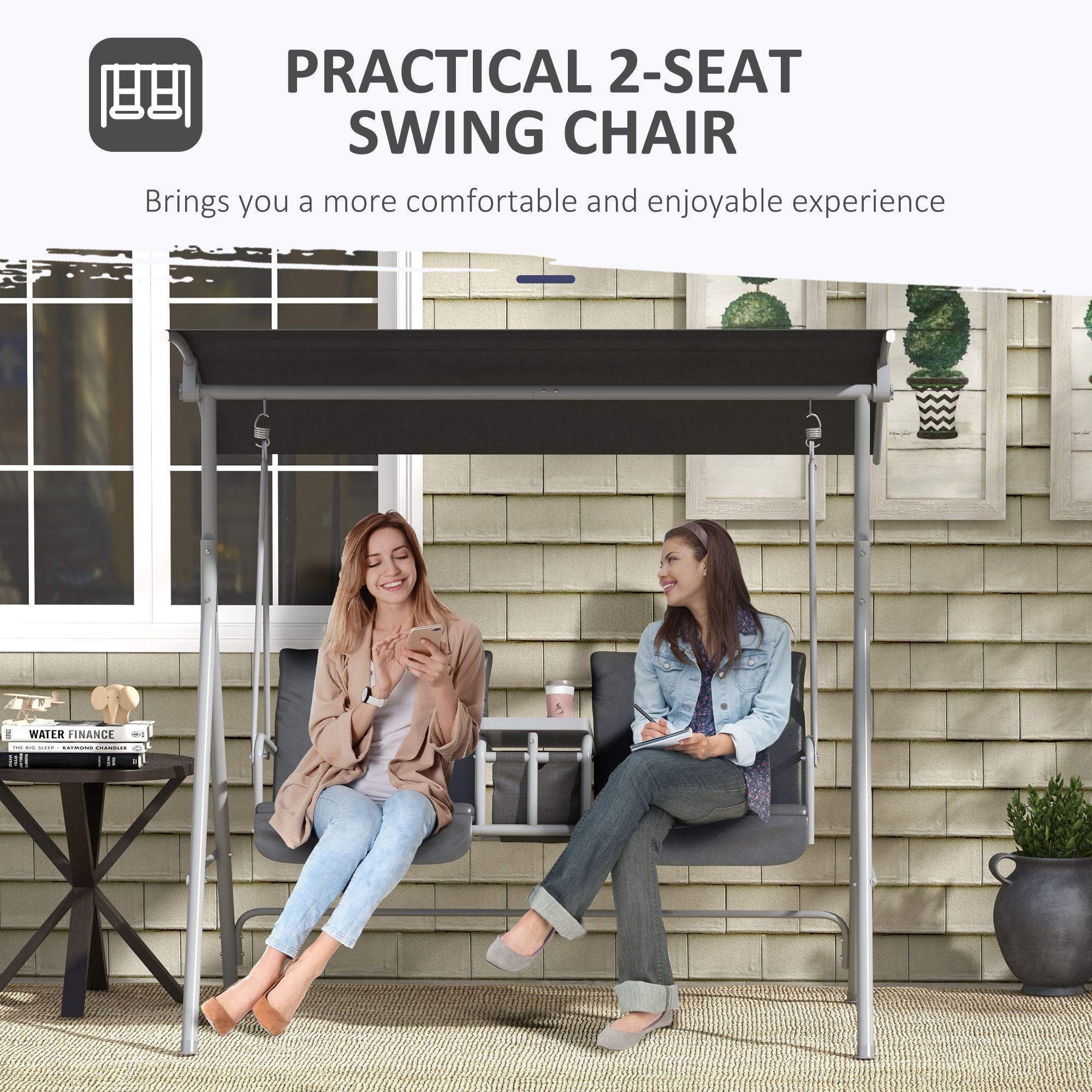 Outsunny 2-Seater Porch Swing with Canopy and Center Table, Gray