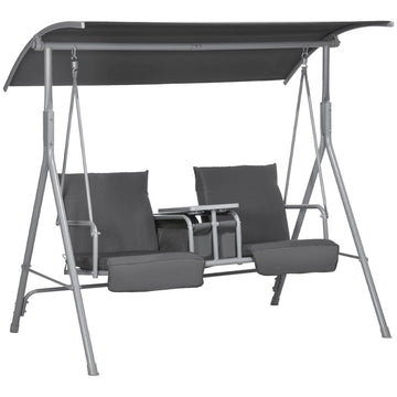 Outsunny 2-Seater Porch Swing with Canopy and Center Table, Gray