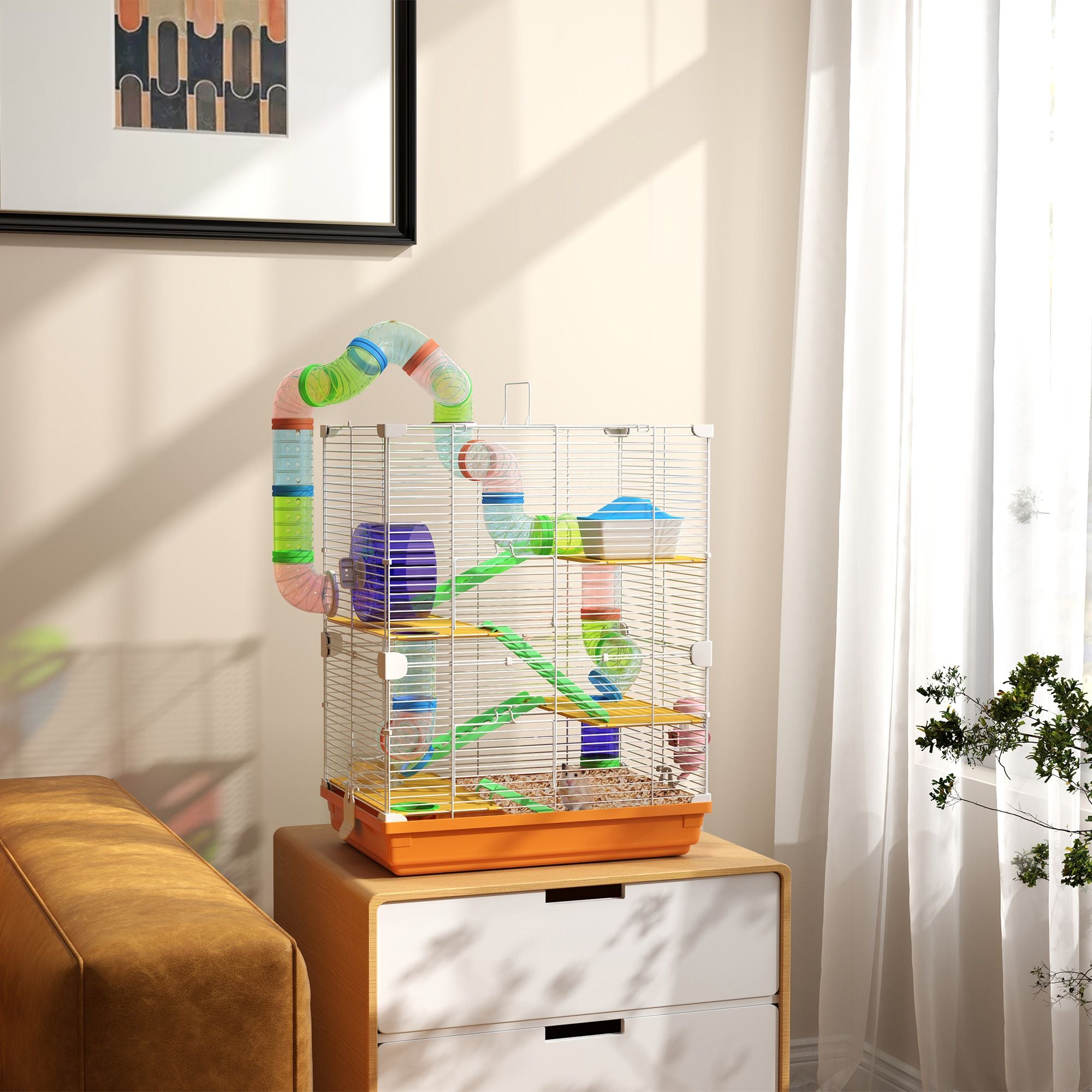 PawHut 5-Tier Hamster Cage with Tubes, Wheel and Water Bottle, Orange - product view 2