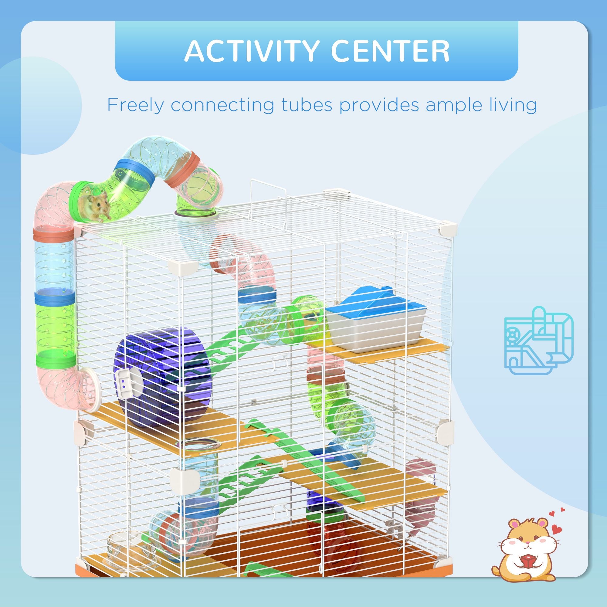 PawHut 5-Tier Hamster Cage with Tubes, Wheel and Water Bottle, Orange - product view 4