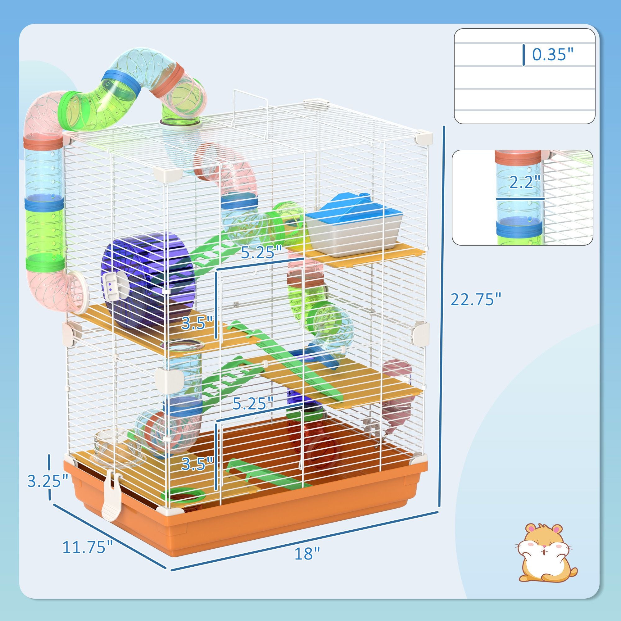 PawHut 5-Tier Hamster Cage with Tubes, Wheel and Water Bottle, Orange - product view 3
