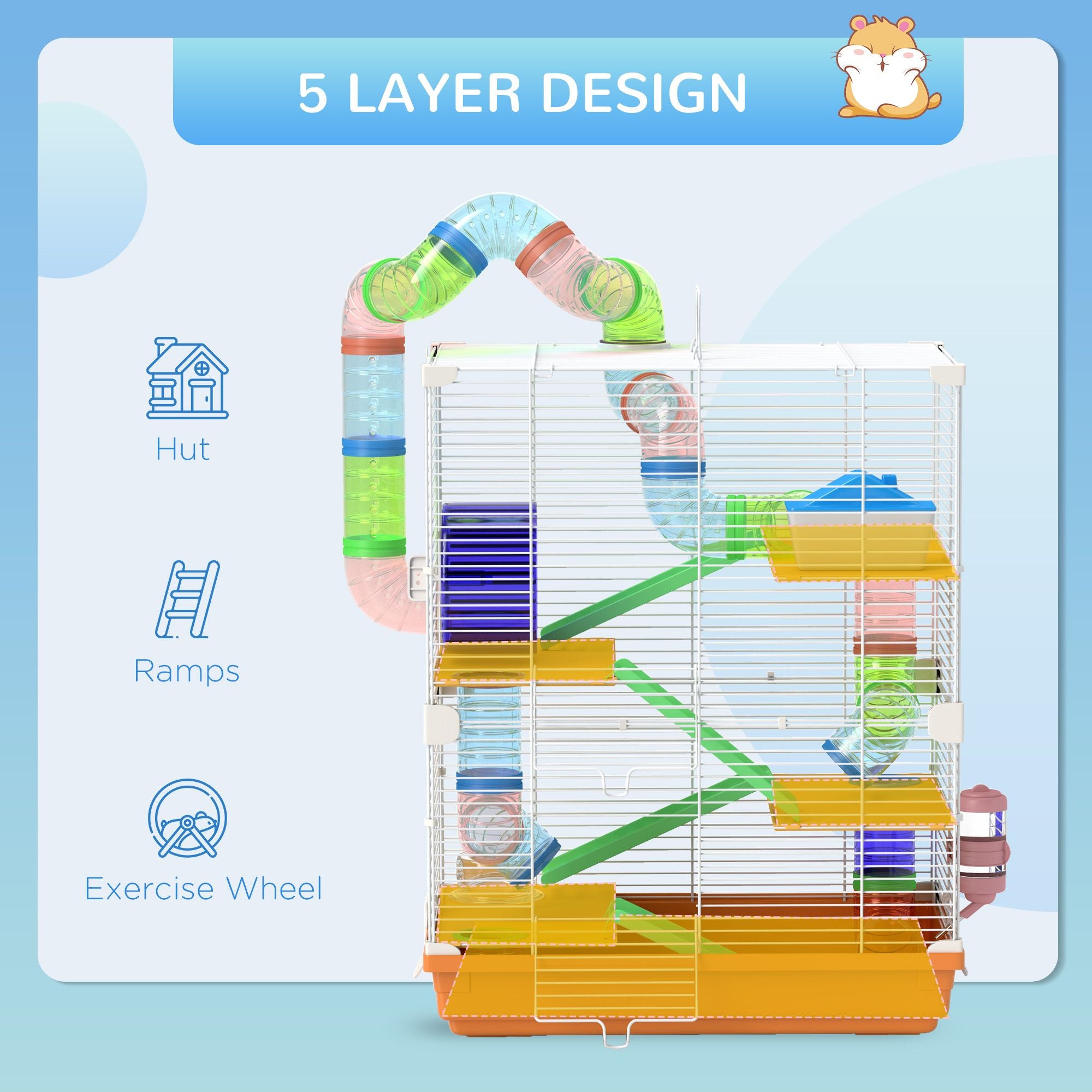 PawHut 5-Tier Hamster Cage with Tubes, Wheel and Water Bottle, Orange - product view 6