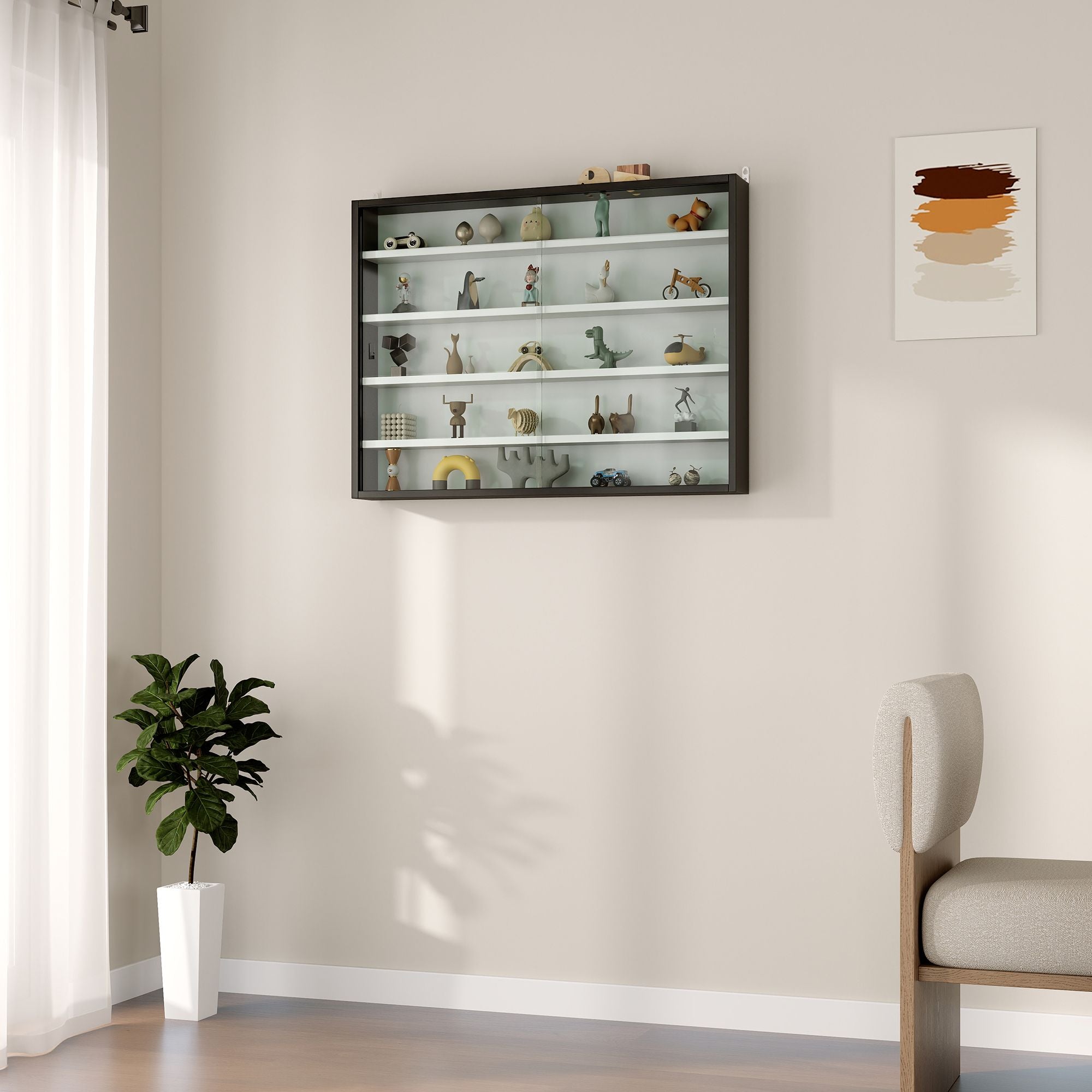 HOMCOM 5-Tier Wall-Mounted Display Cabinet with Glass Doors, Black & White