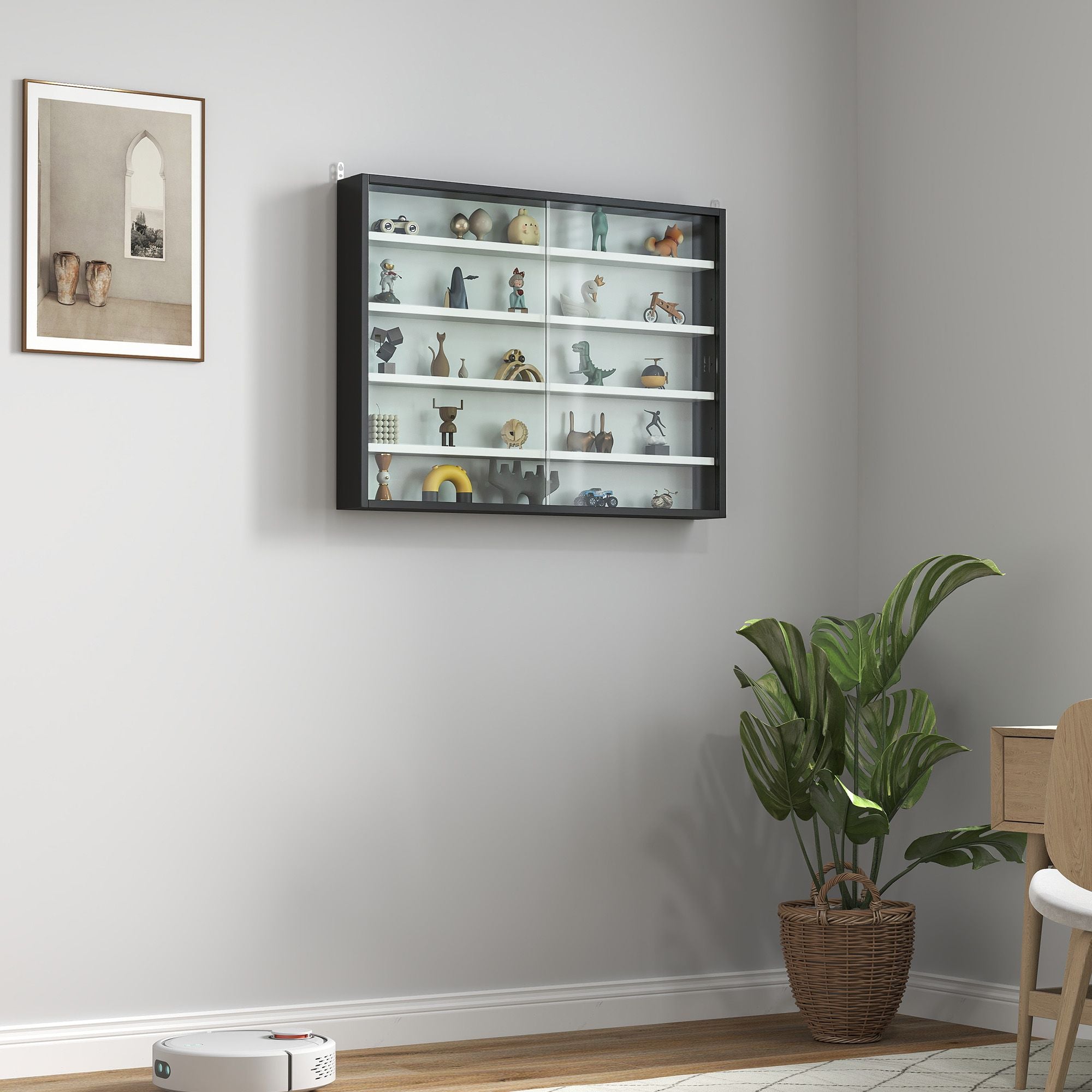 HOMCOM 5-Tier Wall-Mounted Display Cabinet with Glass Doors, Black & White