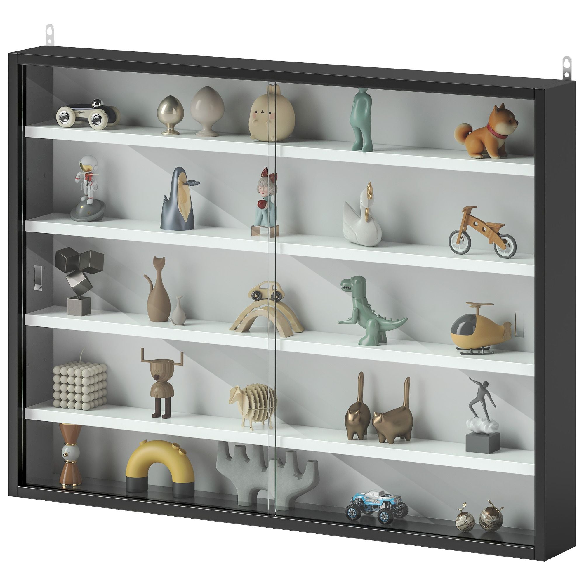 HOMCOM 5-Tier Wall-Mounted Display Cabinet with Glass Doors, Black & White