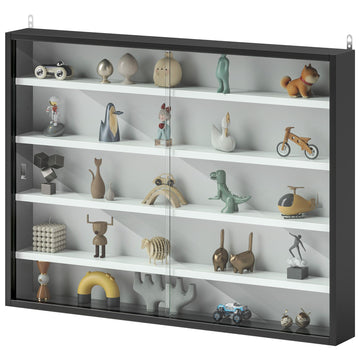 HOMCOM 5-Tier Wall-Mounted Display Cabinet with Glass Doors, Black & White