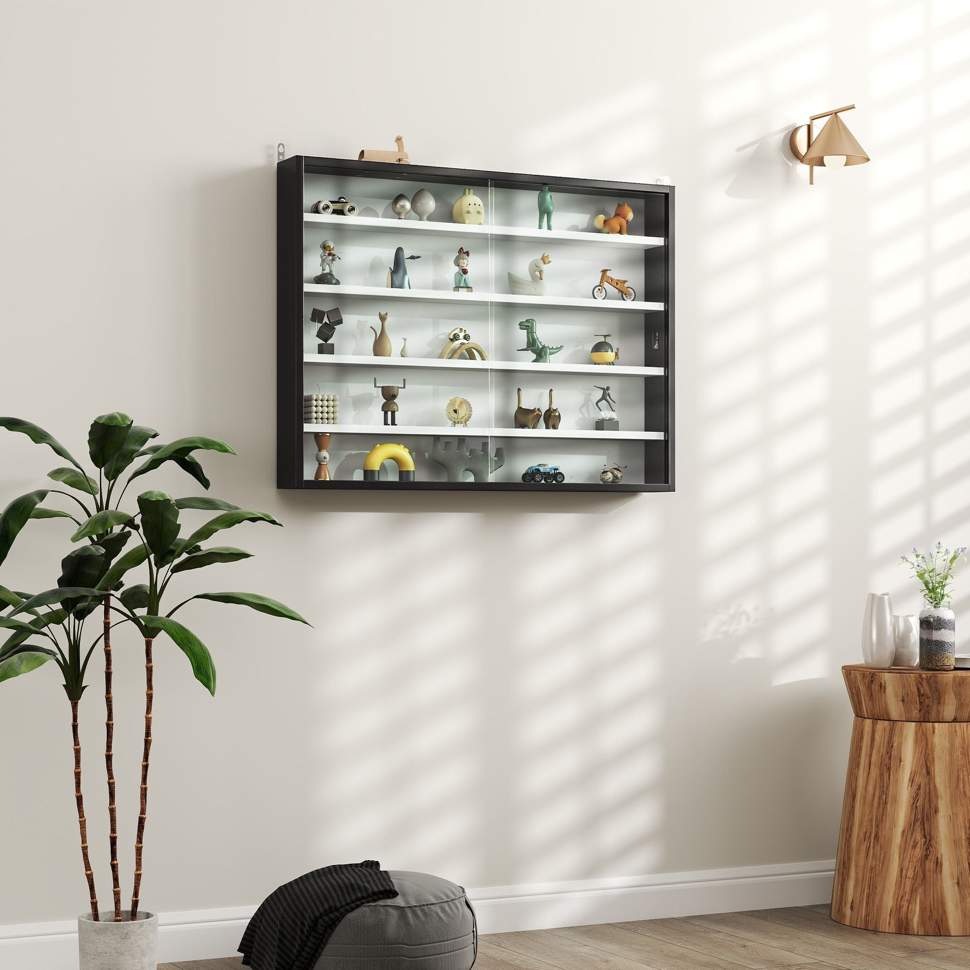 HOMCOM 5-Tier Wall-Mounted Display Cabinet with Glass Doors, Black & White
