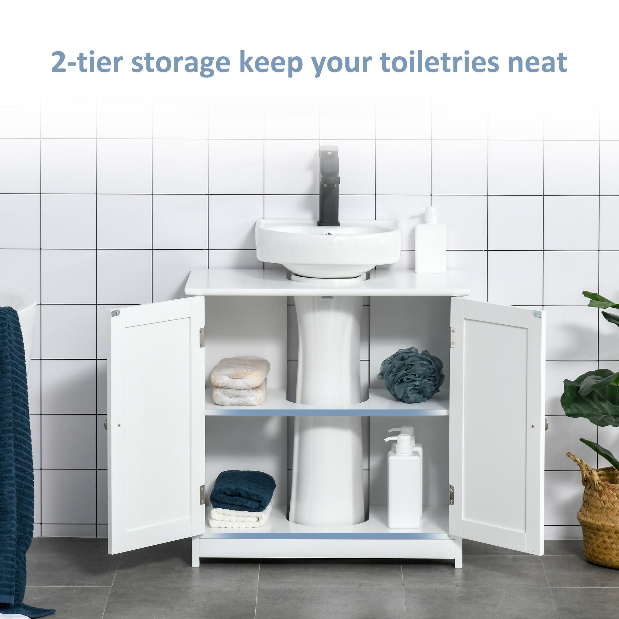 HOMCOM Pedestal Sink Bathroom Storage Cabinet with U-Shaped Cutout, White