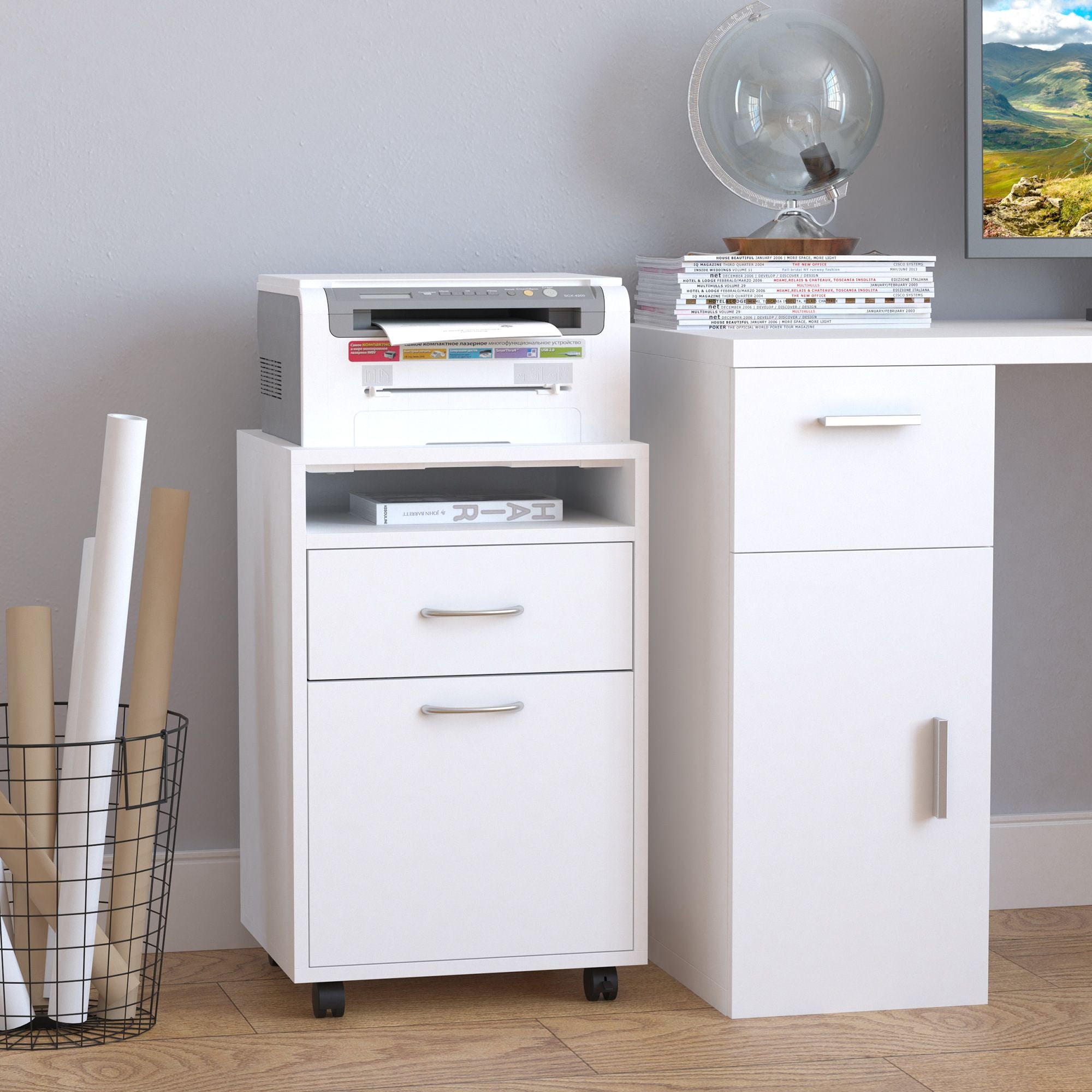HOMCOM Mobile File Cabinet and Printer Stand with Casters, White